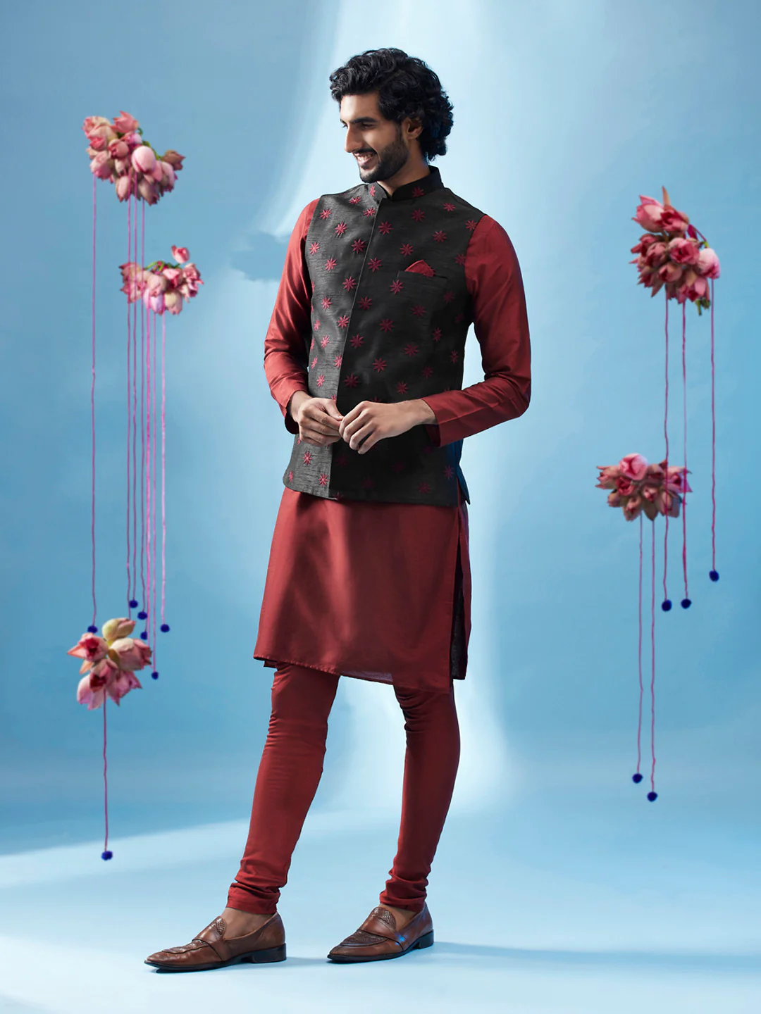 Maroon Cotton Embroidered Nehru Jacket Kurta Churidar - Image 3
