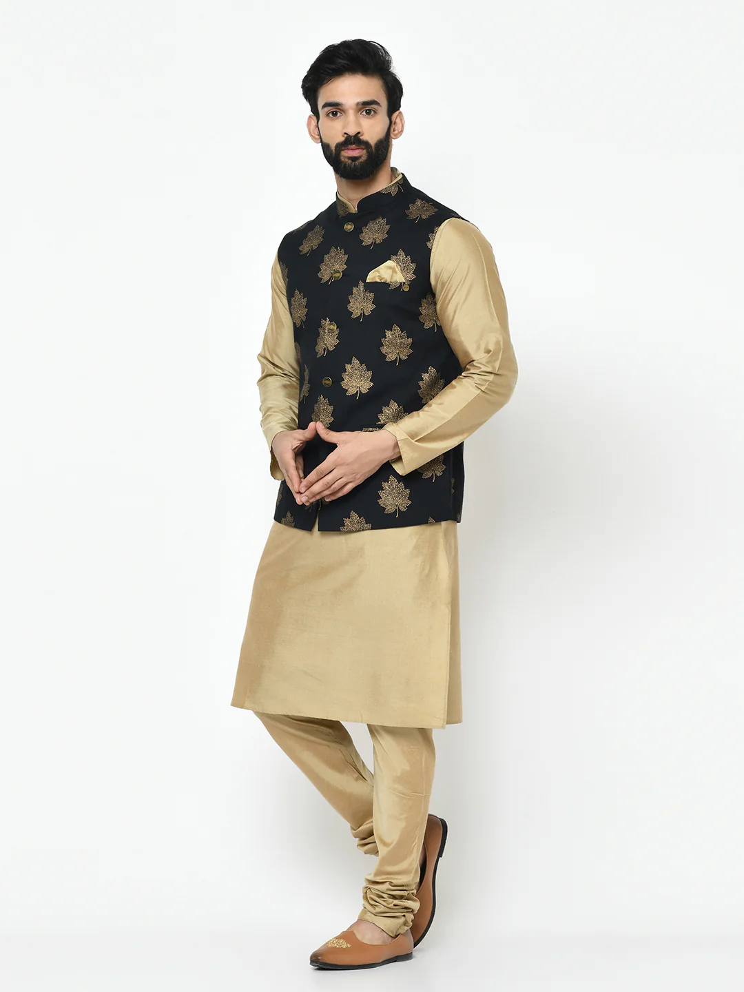 Black Jacket Gold Kurta Churidar Set - Image 3