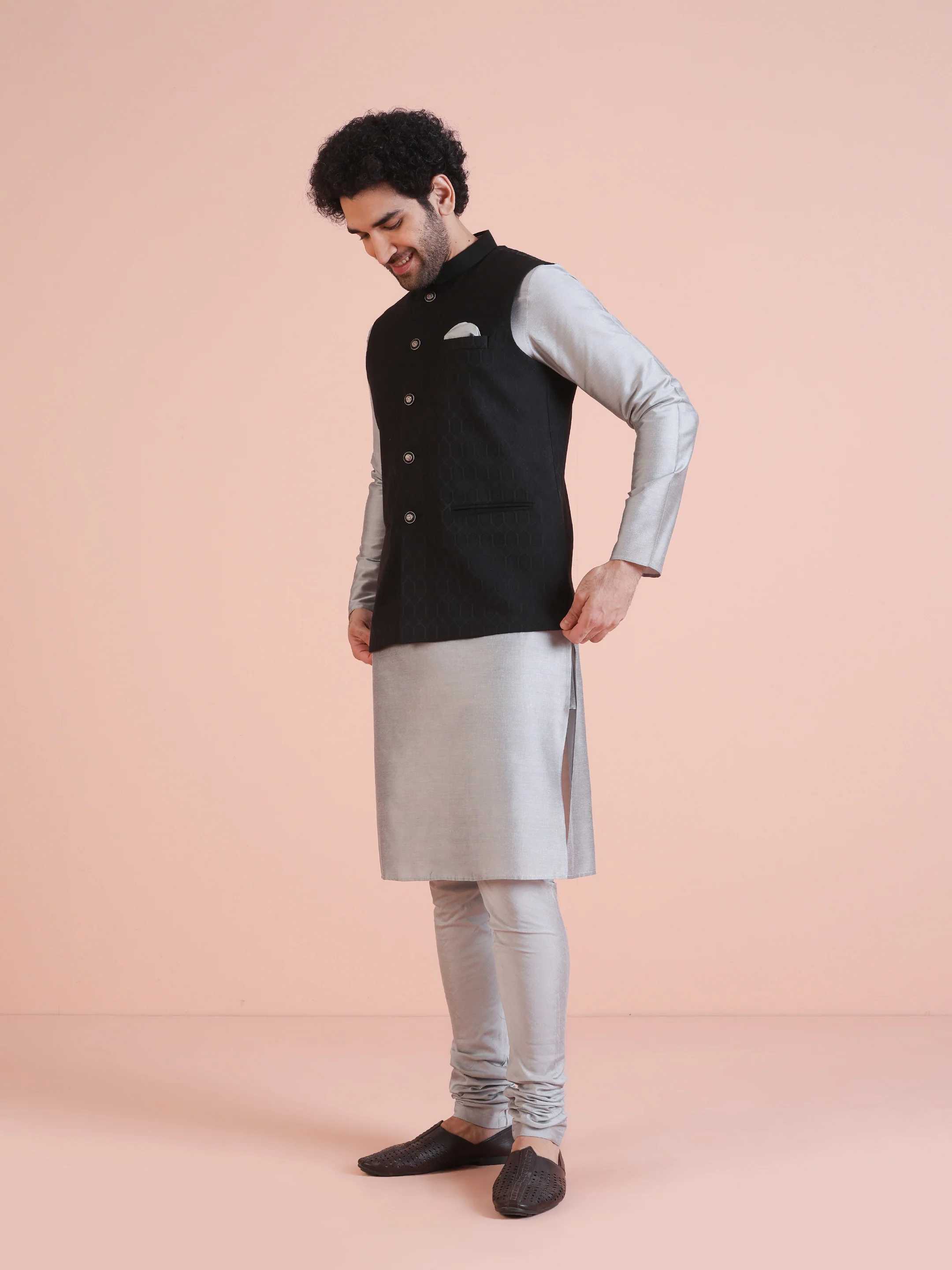 Black Grey Textured Jacket Kurta Churidar Set - Image 3