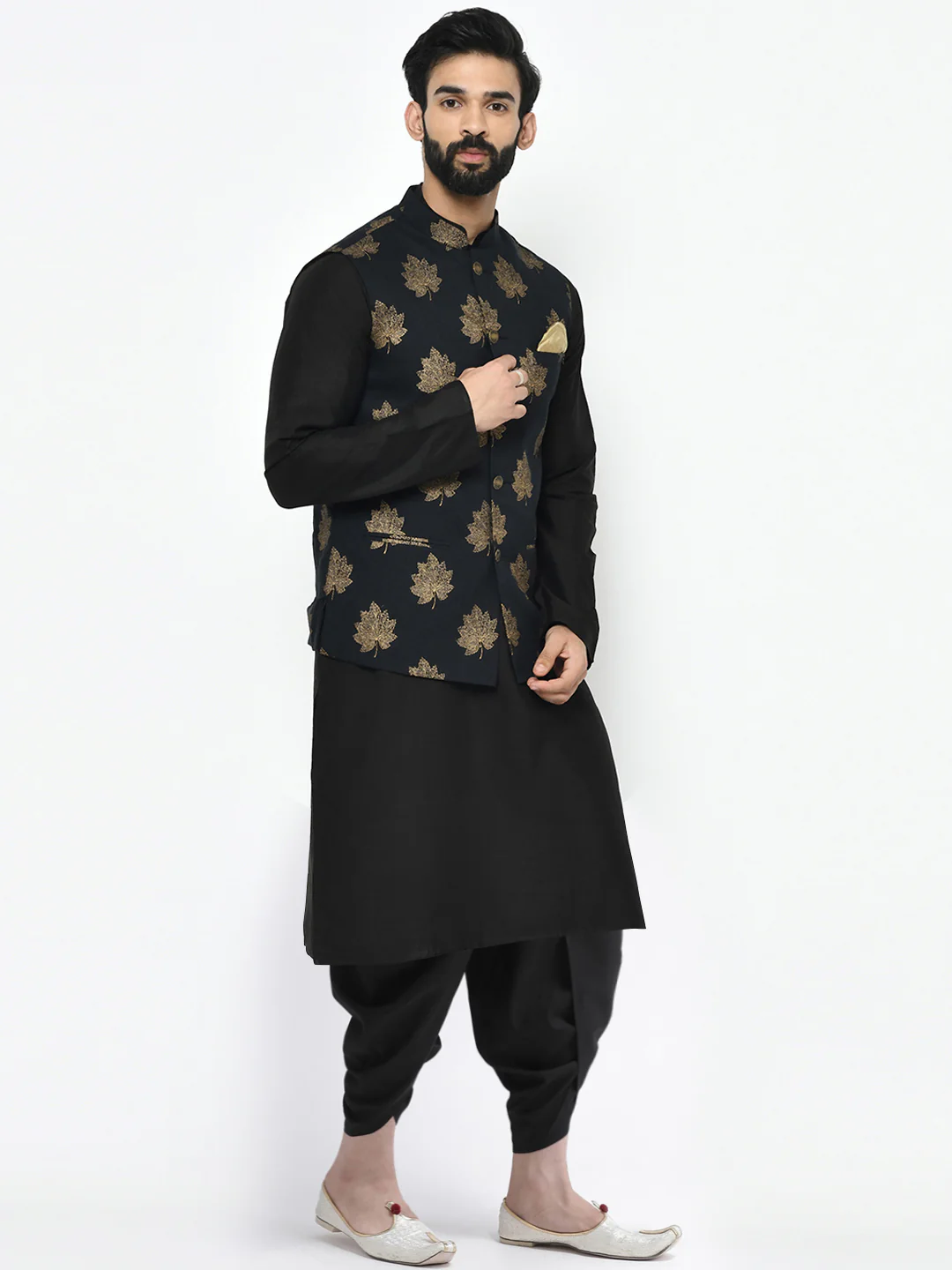 Men's Black Kurta Jacket Dhoti Set - Image 2
