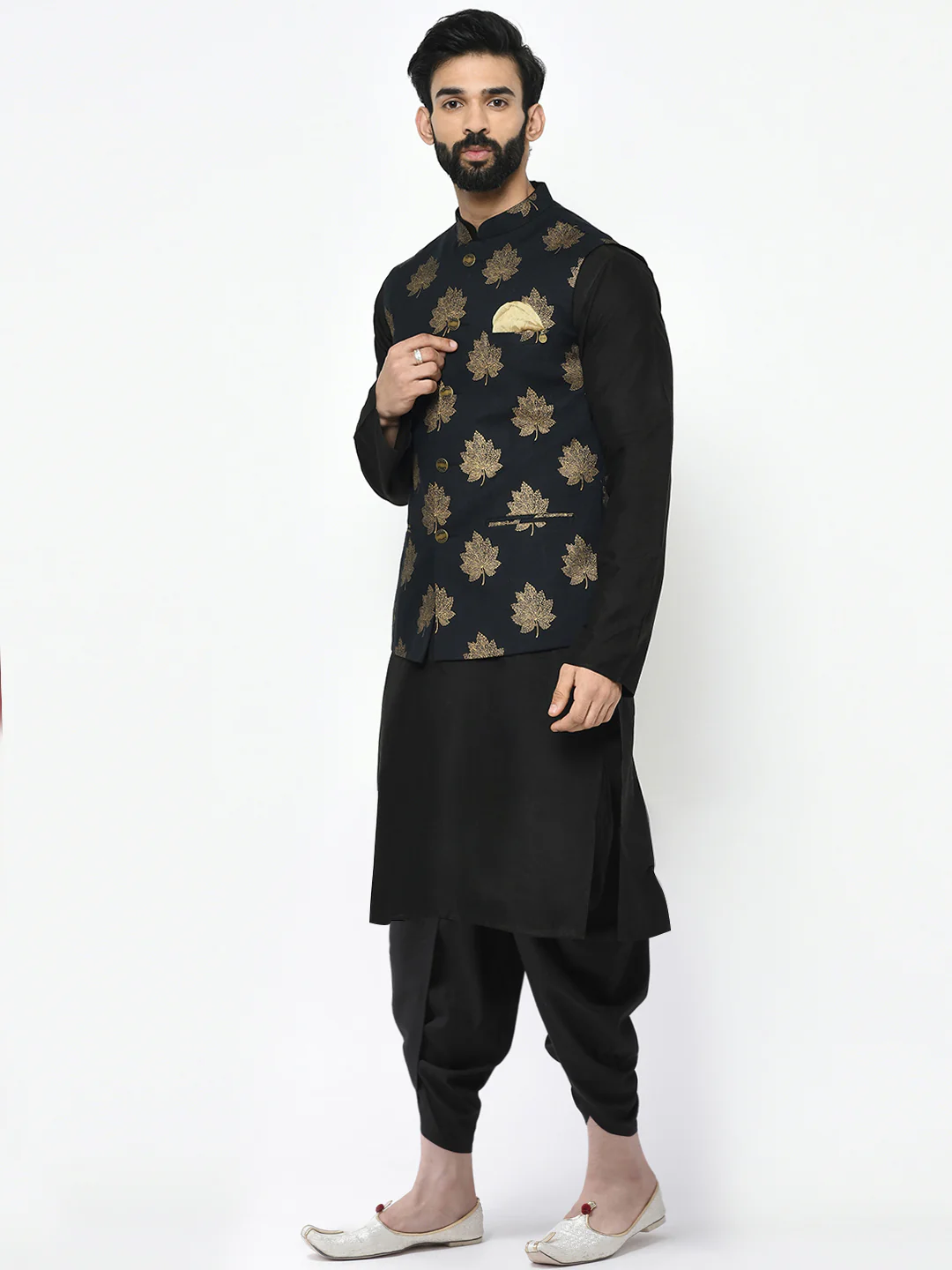 Men's Black Kurta Jacket Dhoti Set - Image 3