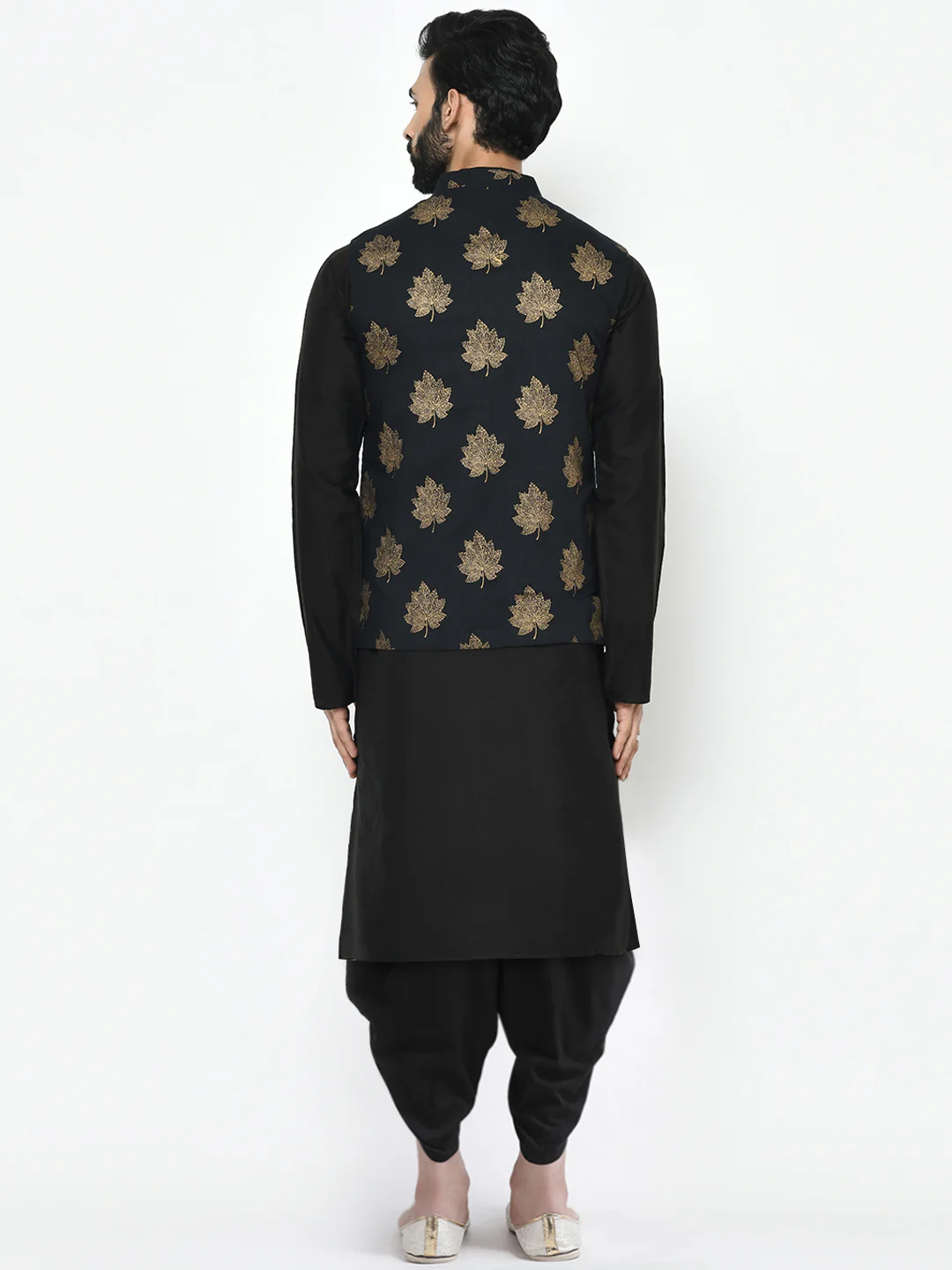 Men's Black Kurta Jacket Dhoti Set - Image 4