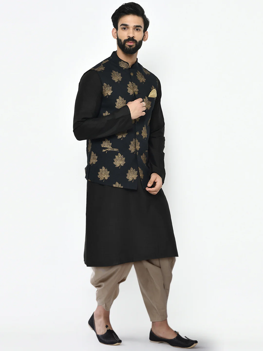 Men's Black Kurta Jacket Dhoti Set - Image 2