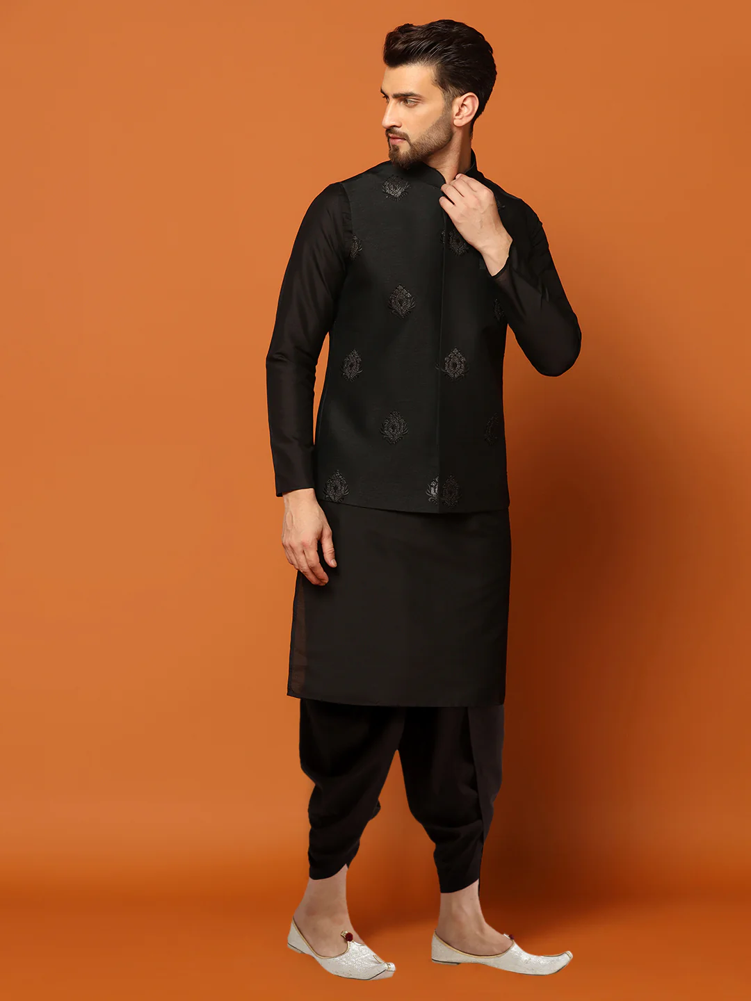 Black Silk Blend Embroidered Nehru Jacket Kurta Dhoti Set - Image 3