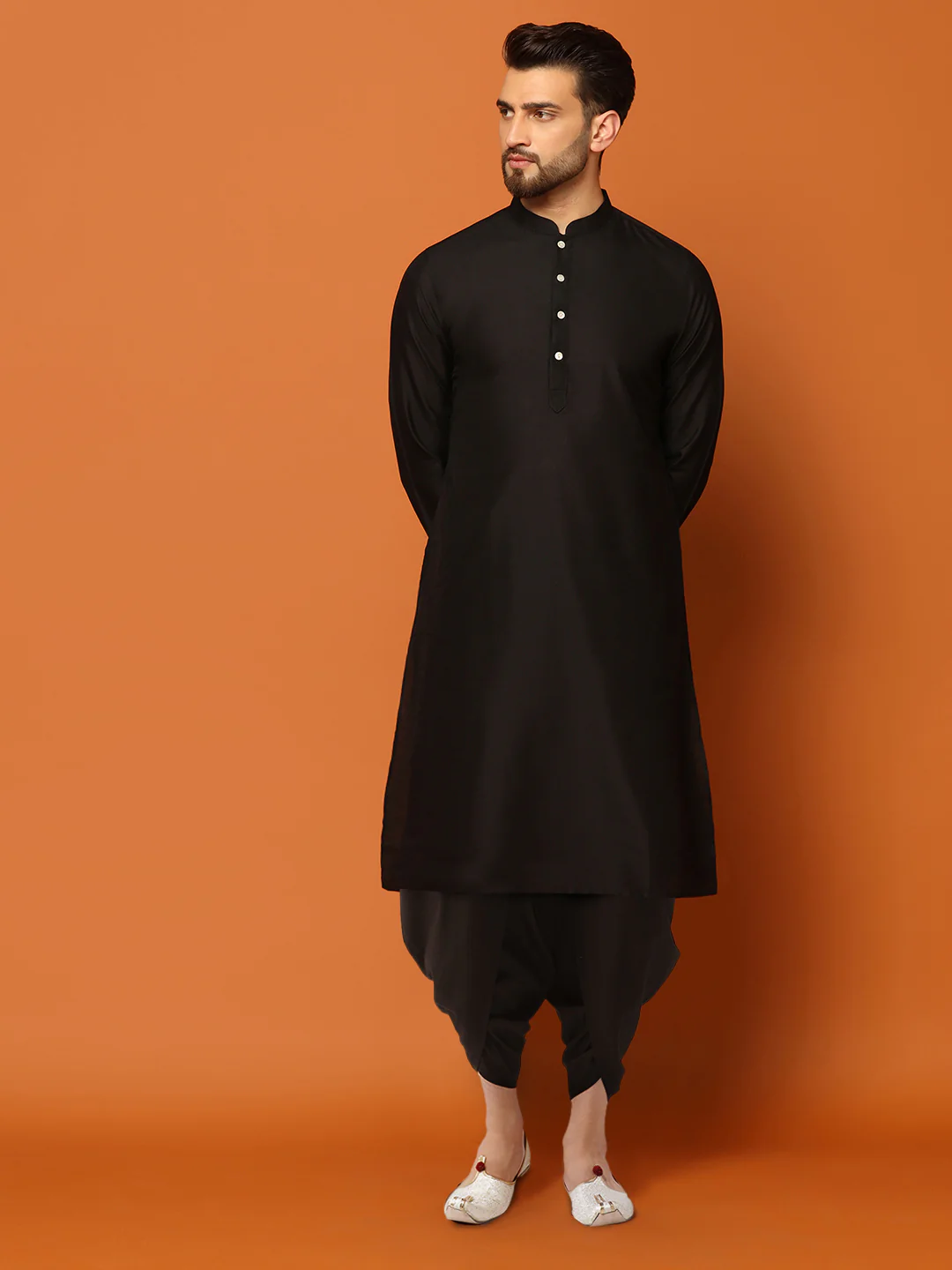 Black Silk Blend Embroidered Nehru Jacket Kurta Dhoti Set - Image 6