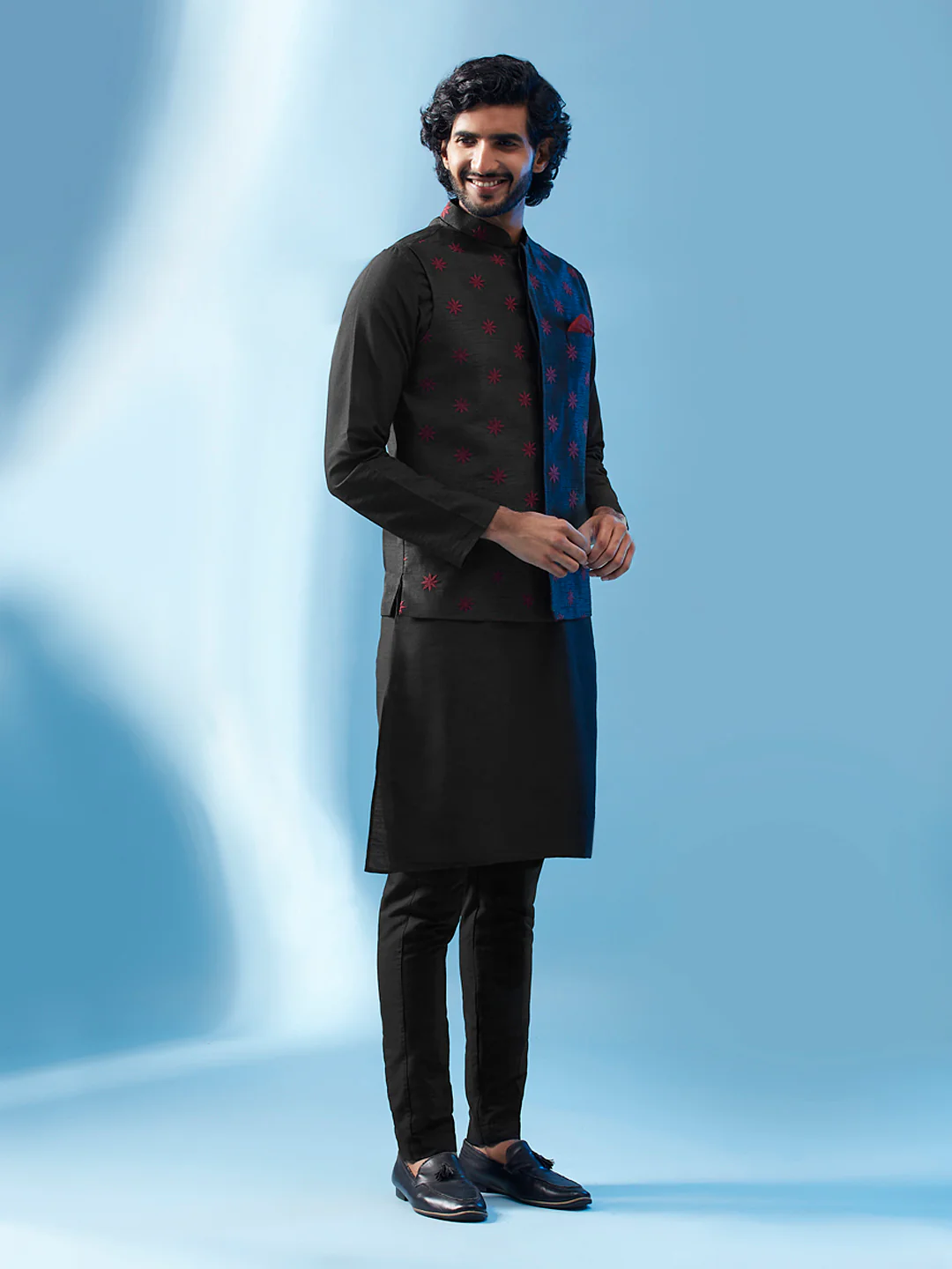 Black Embroidered Jacket Kurta Trouser Set - Image 2