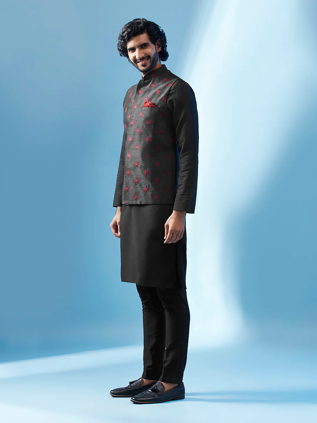 Black Embroidered Jacket Kurta Trouser Set - Image 3