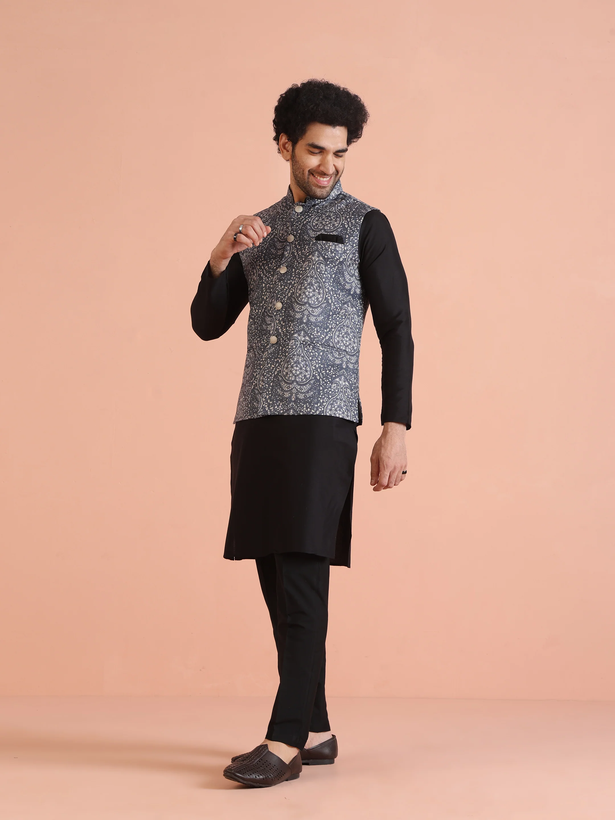 Grey Printed Nehru Jacket Black Kurta Trouser Set - Silk Blend Festive Ethnicwear - Image 3