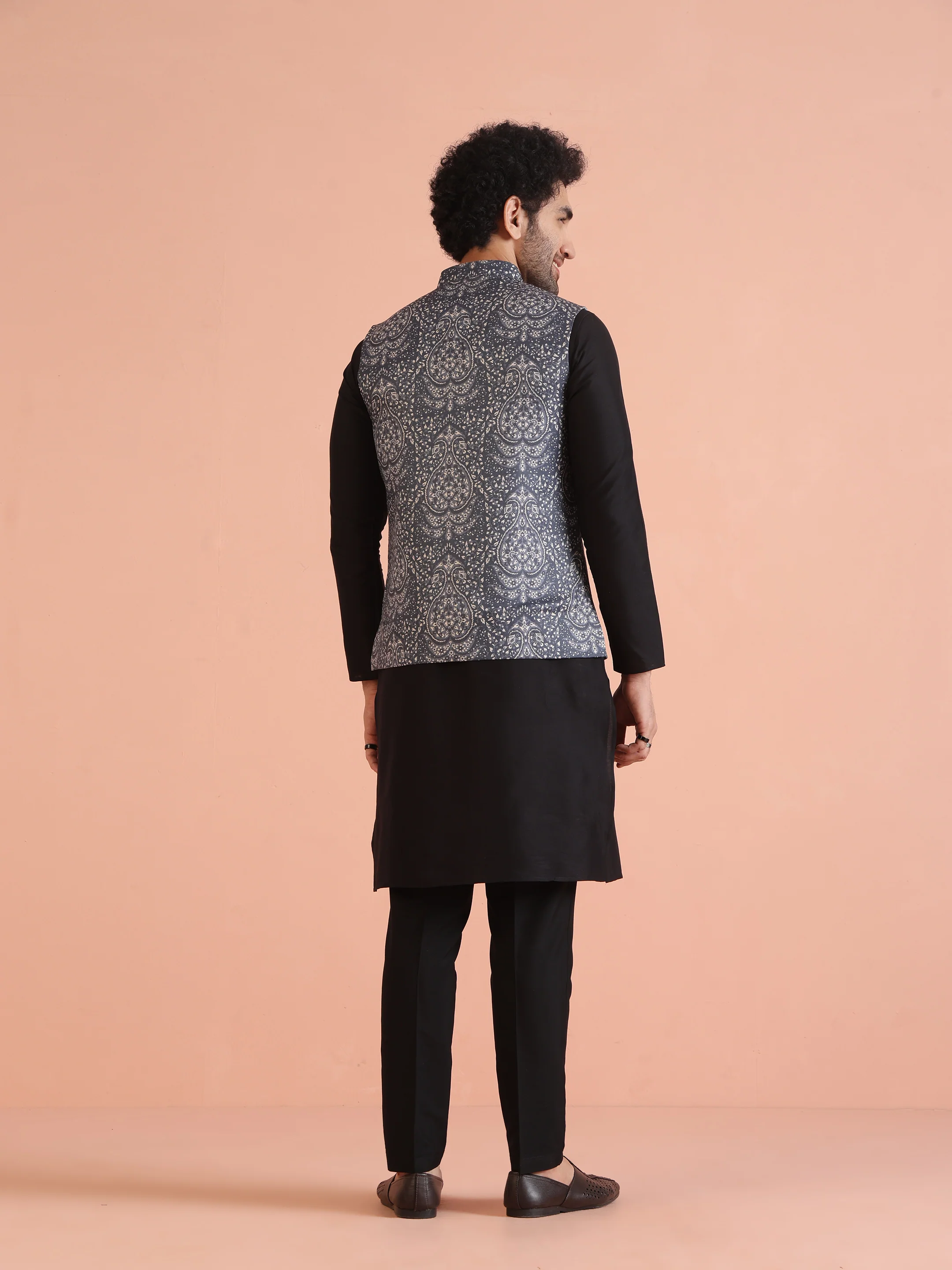 Grey Printed Nehru Jacket Black Kurta Trouser Set - Silk Blend Festive Ethnicwear - Image 4
