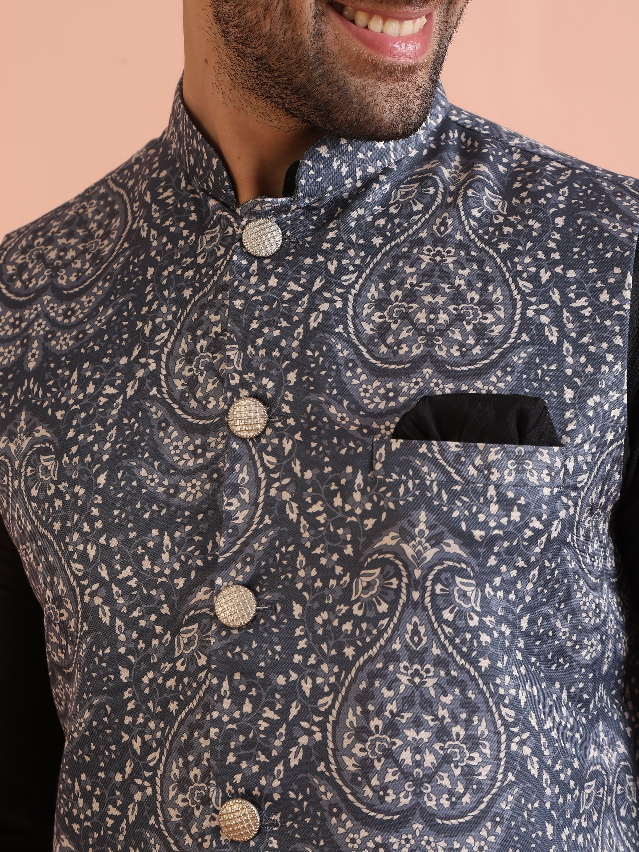 Grey Printed Nehru Jacket Black Kurta Trouser Set - Silk Blend Festive Ethnicwear - Image 5