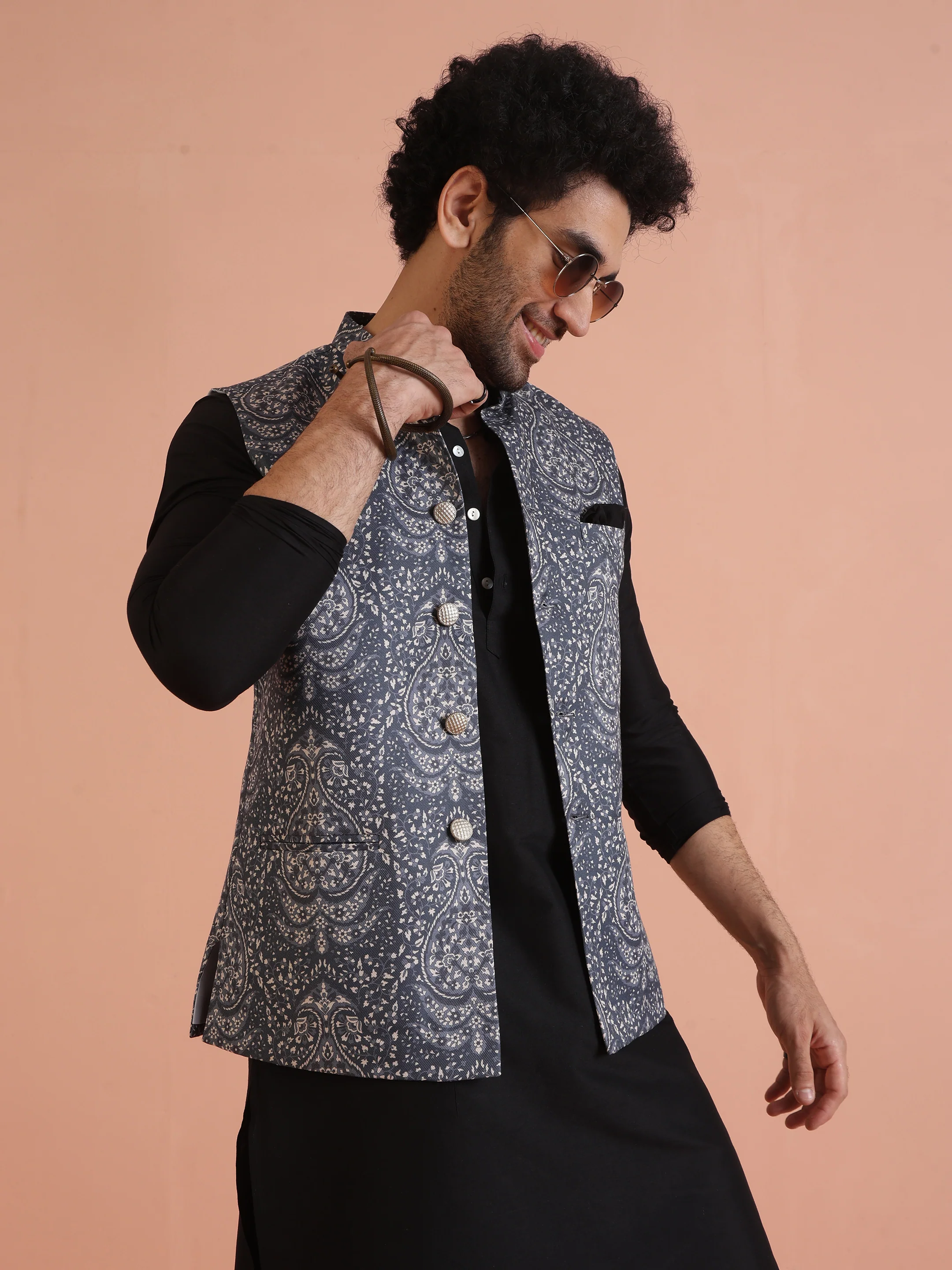 Grey Printed Nehru Jacket Black Kurta Trouser Set - Silk Blend Festive Ethnicwear - Image 7