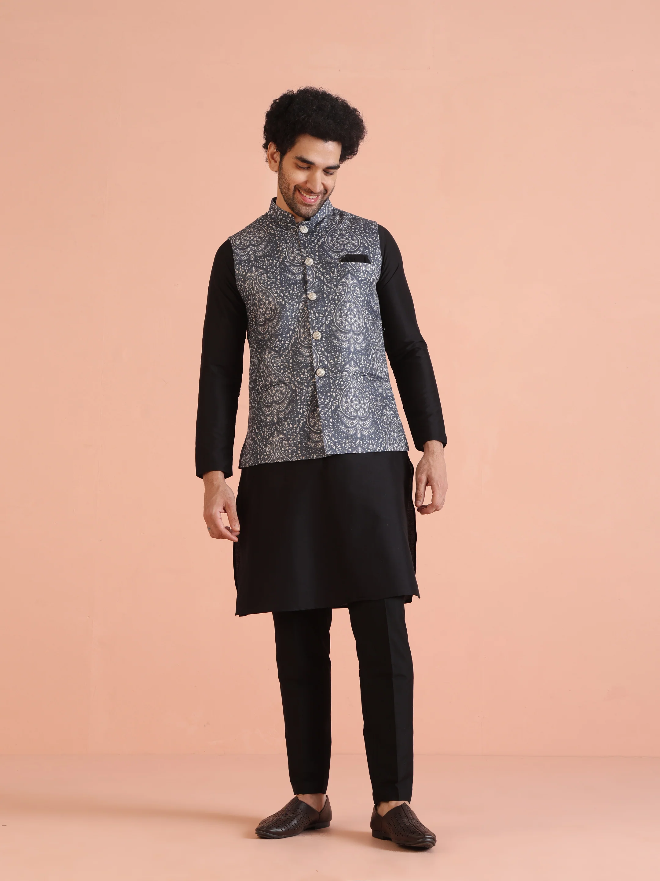 Grey Printed Nehru Jacket Black Kurta Trouser Set - Silk Blend Festive Ethnicwear - Image 8