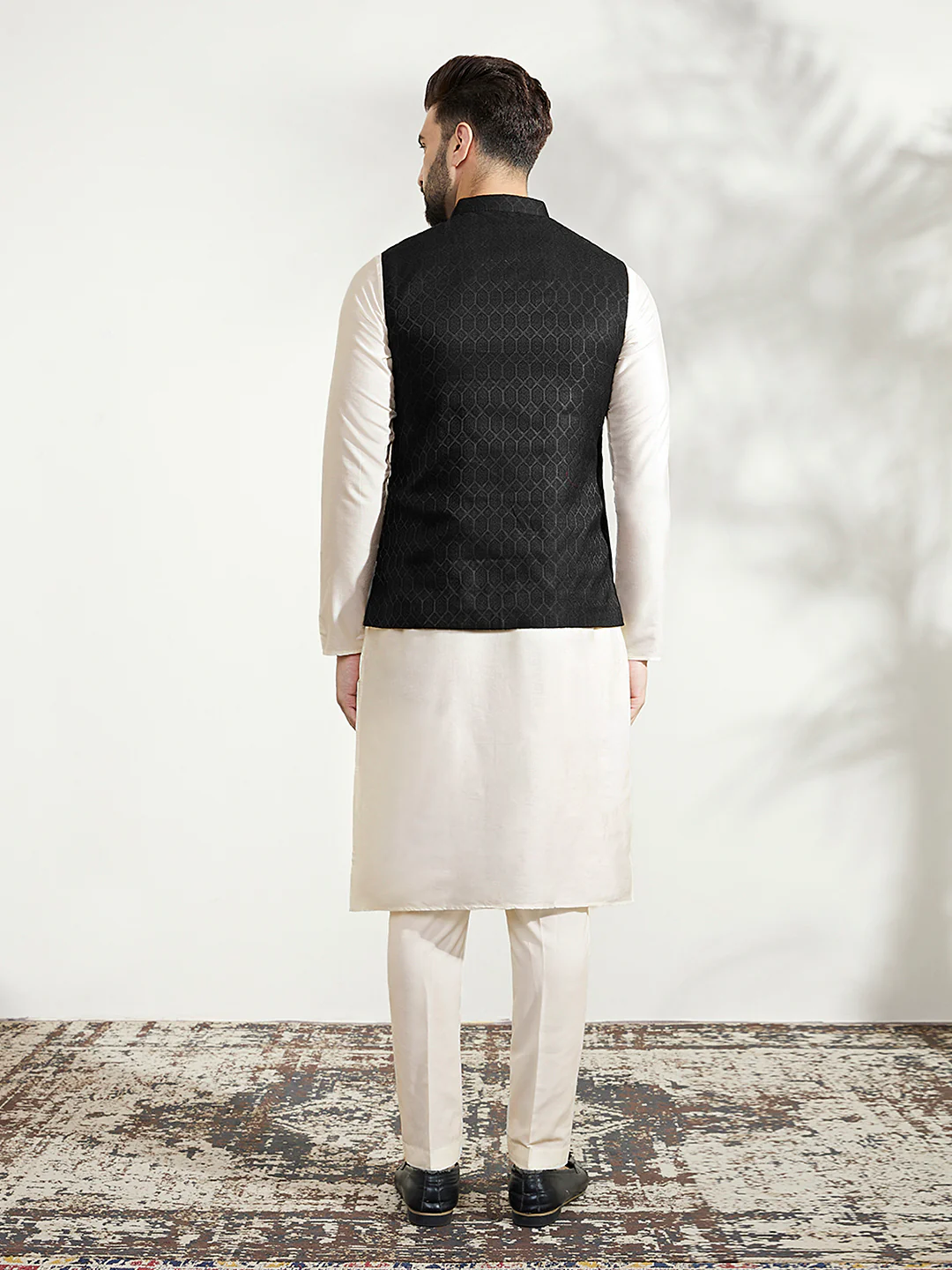 Black Silk Blend Textured Jacket Kurta Churidar Set - Image 4