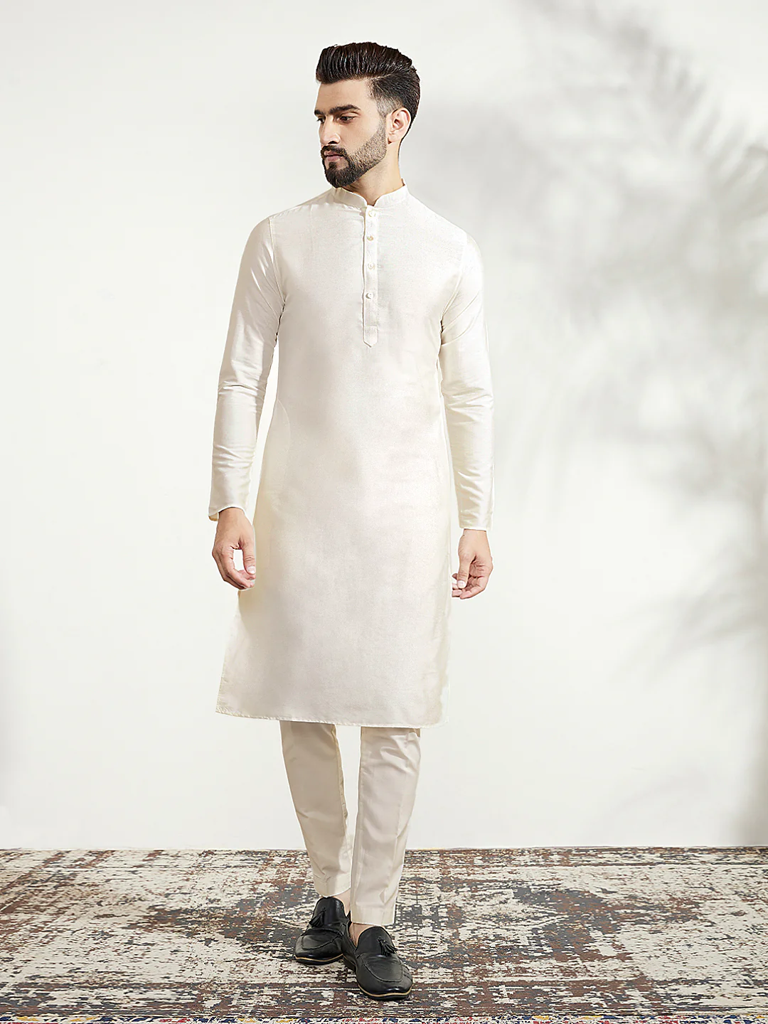 Black Silk Blend Textured Jacket Kurta Churidar Set - Image 5