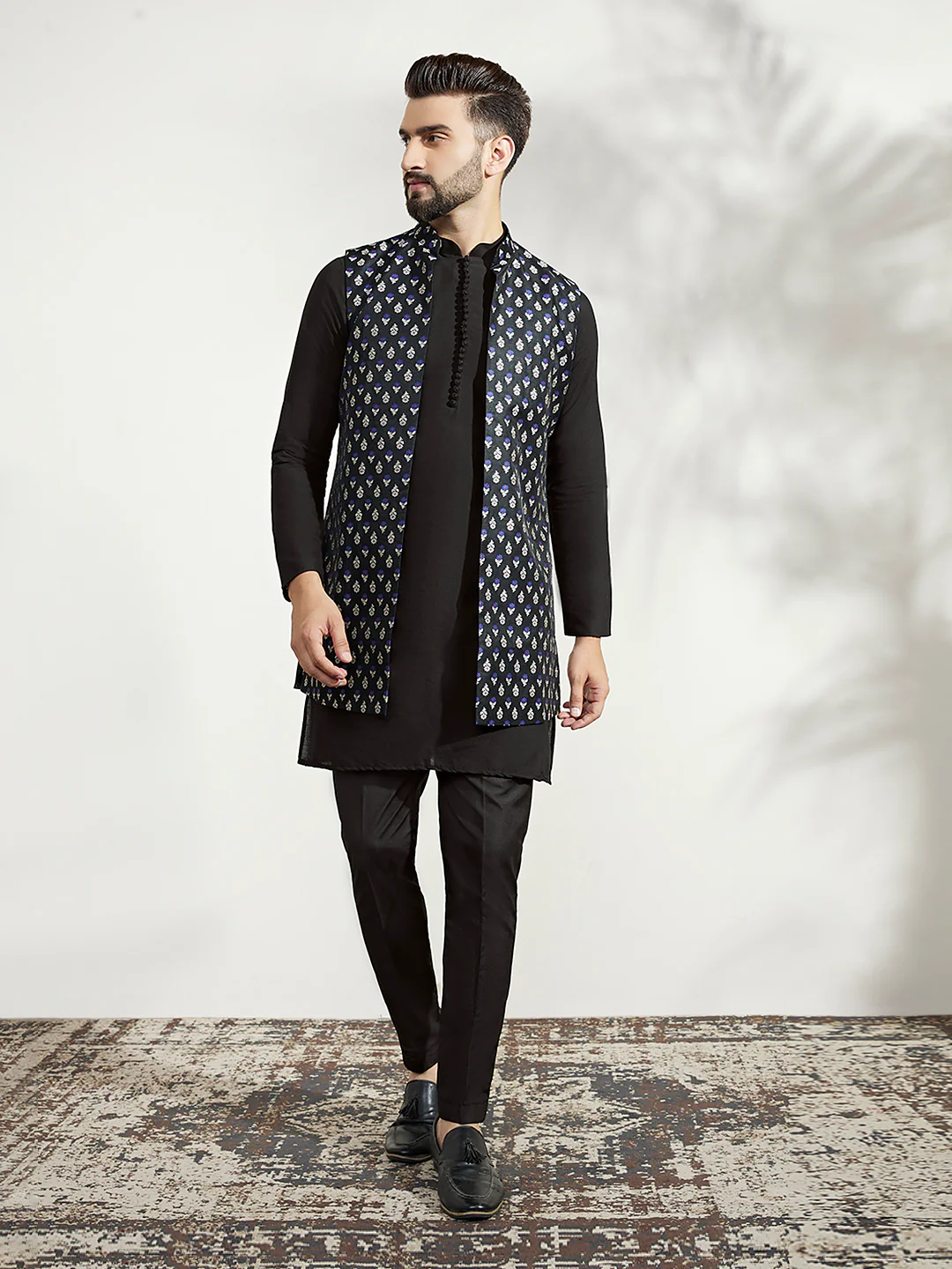 Men Black Textured Long Kurta Jacket Trouser Set