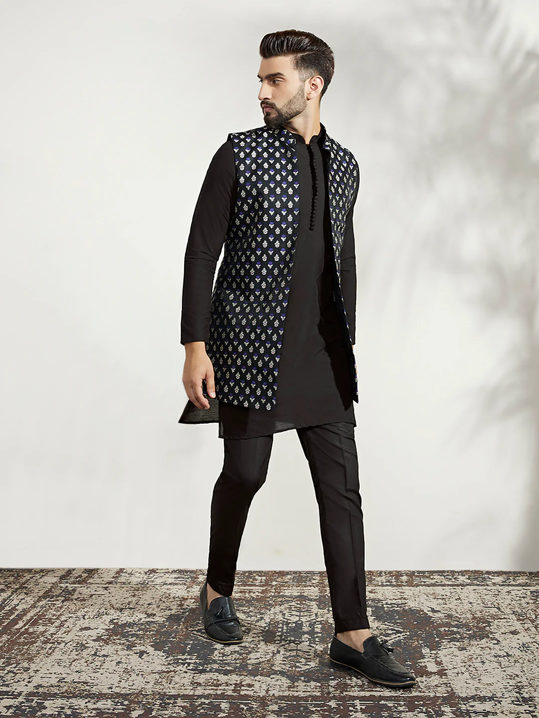 Men Black Textured Long Kurta Jacket Trouser Set - Image 2