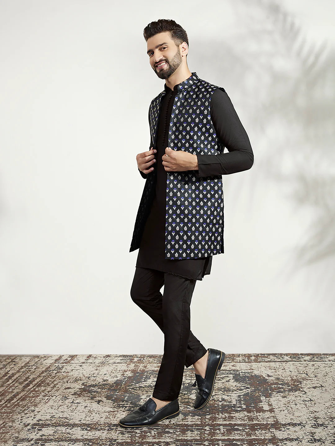 Men Black Textured Long Kurta Jacket Trouser Set - Image 3