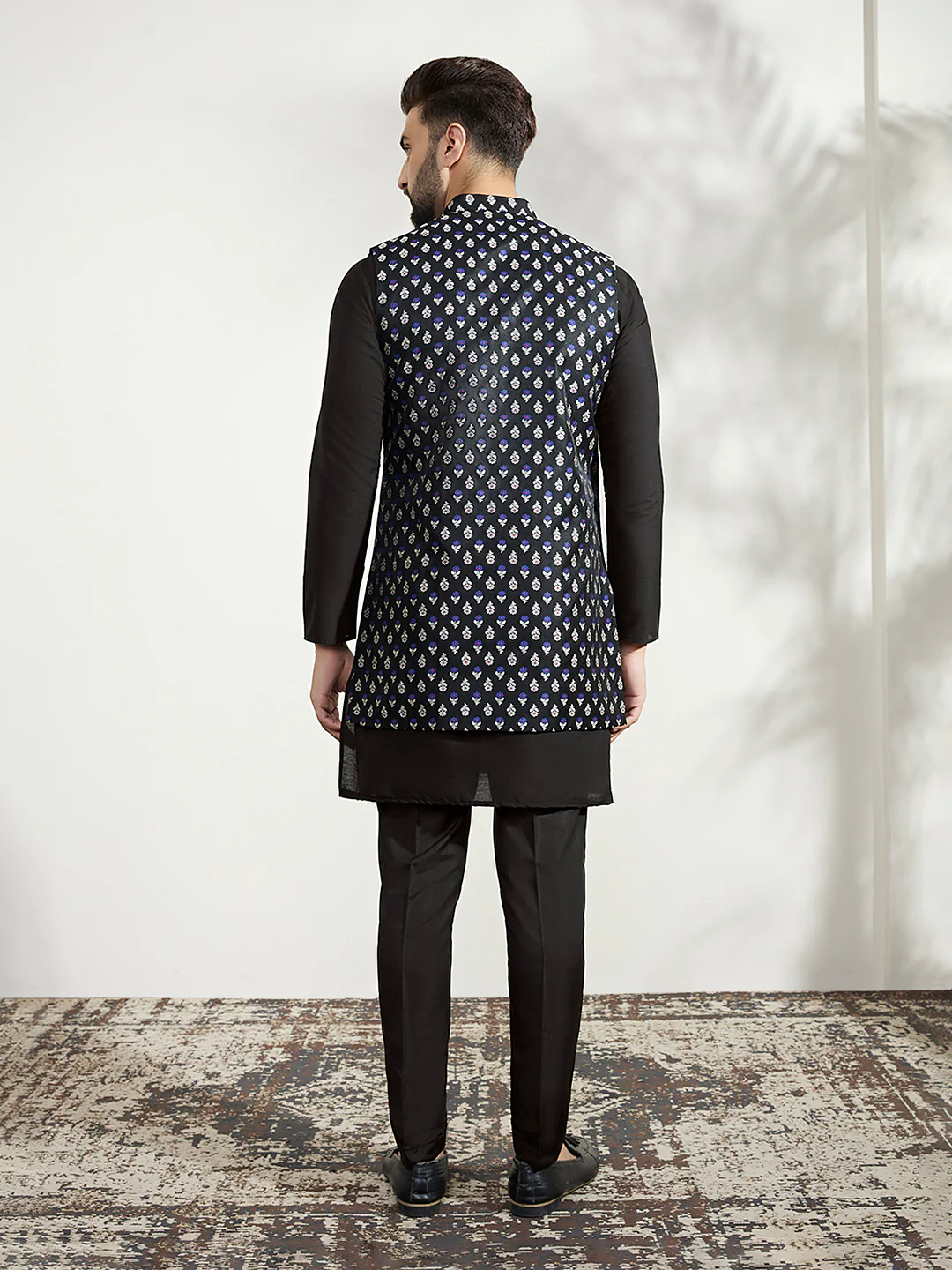 Men Black Textured Long Kurta Jacket Trouser Set - Image 4