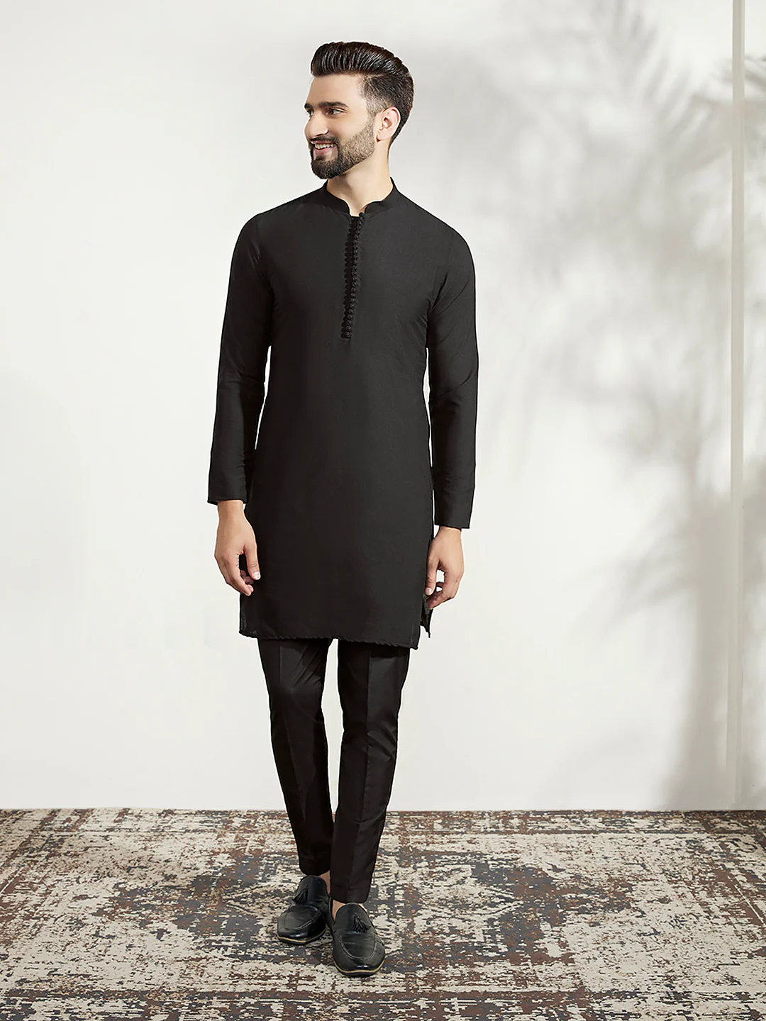 Men Black Textured Long Kurta Jacket Trouser Set - Image 5