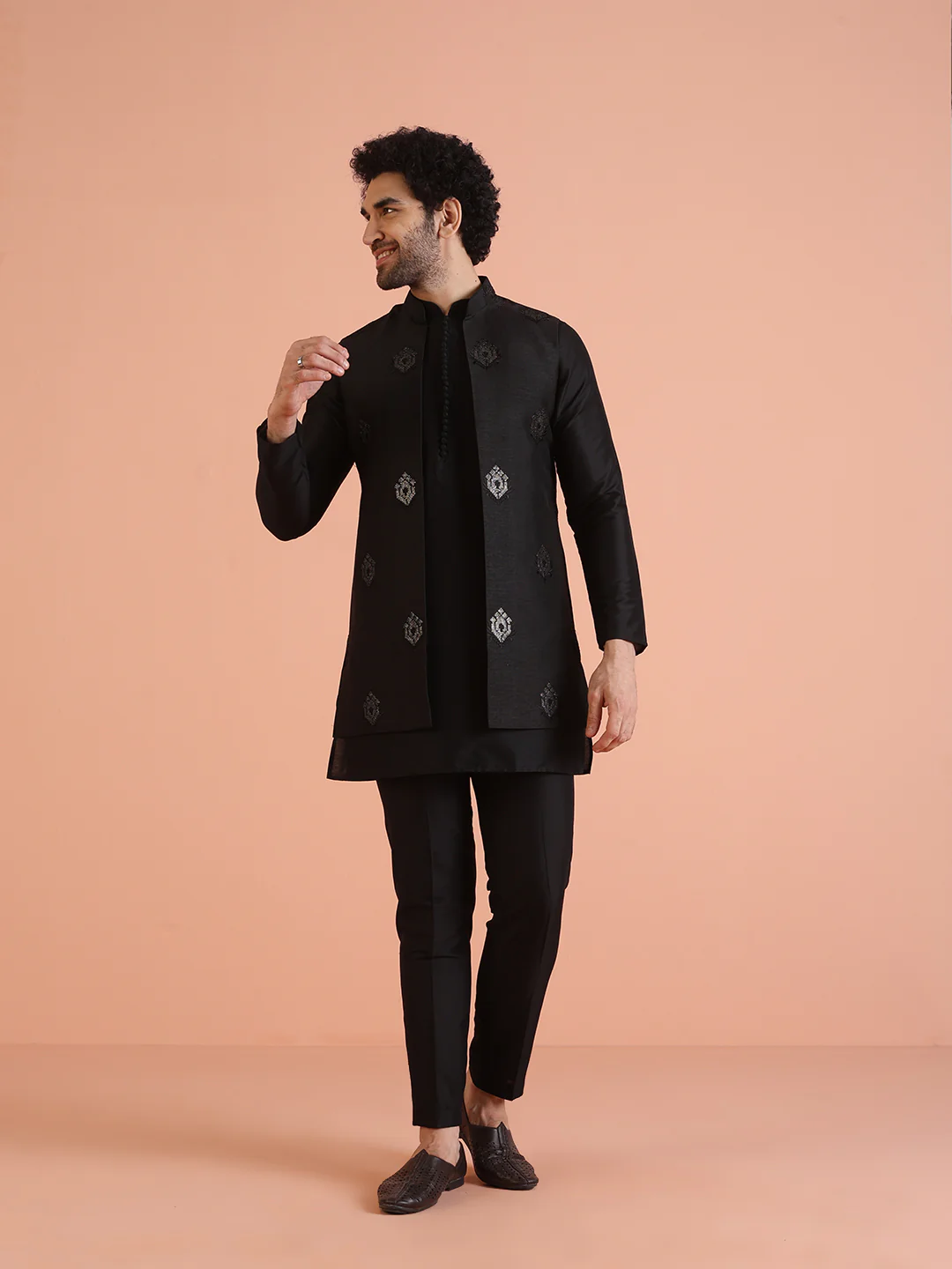 Black Silk Blend Embroidered Nehru Jacket Set - Image 6