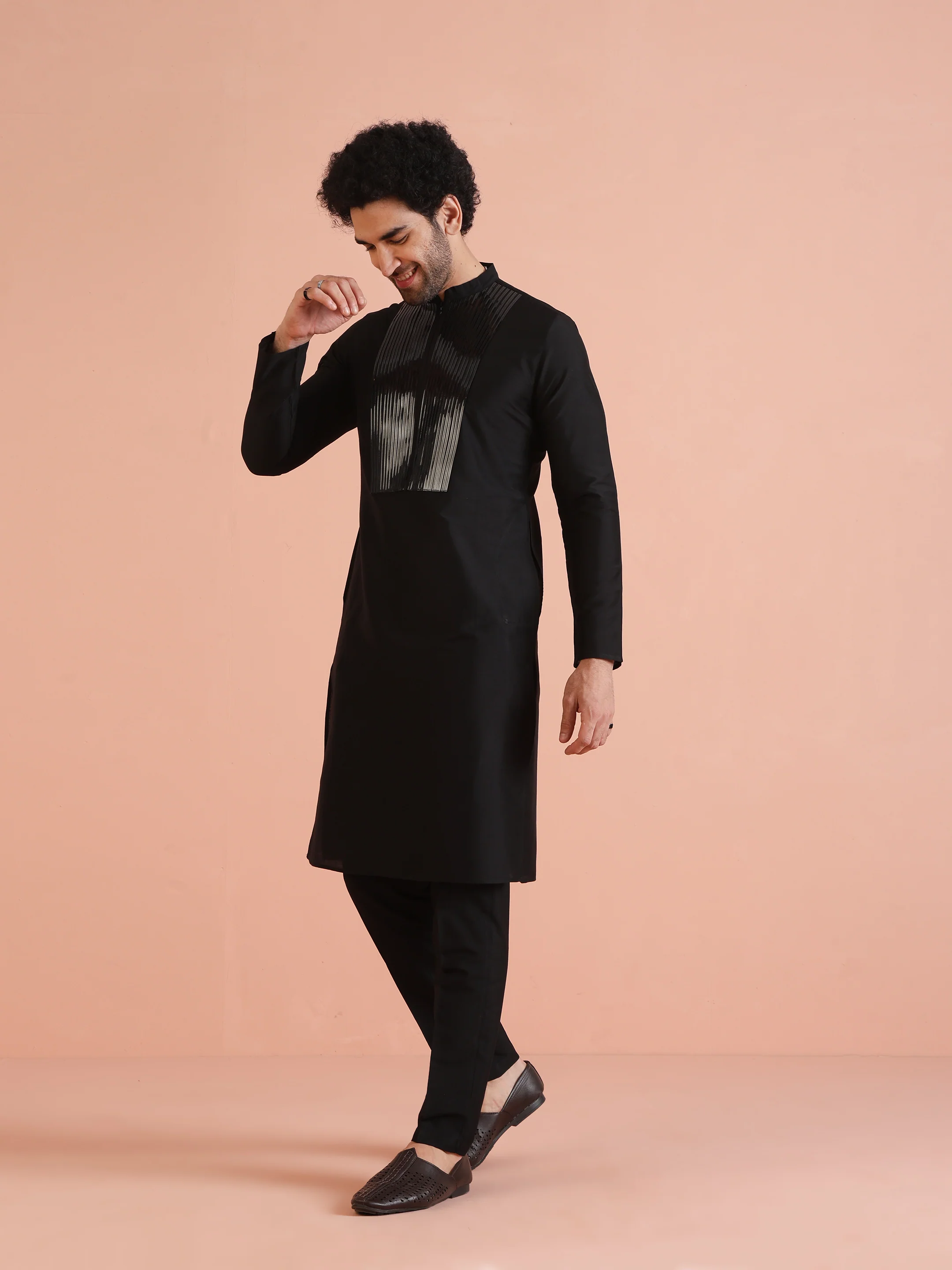 Men Black Tape Work Embellished Kurta - Image 3