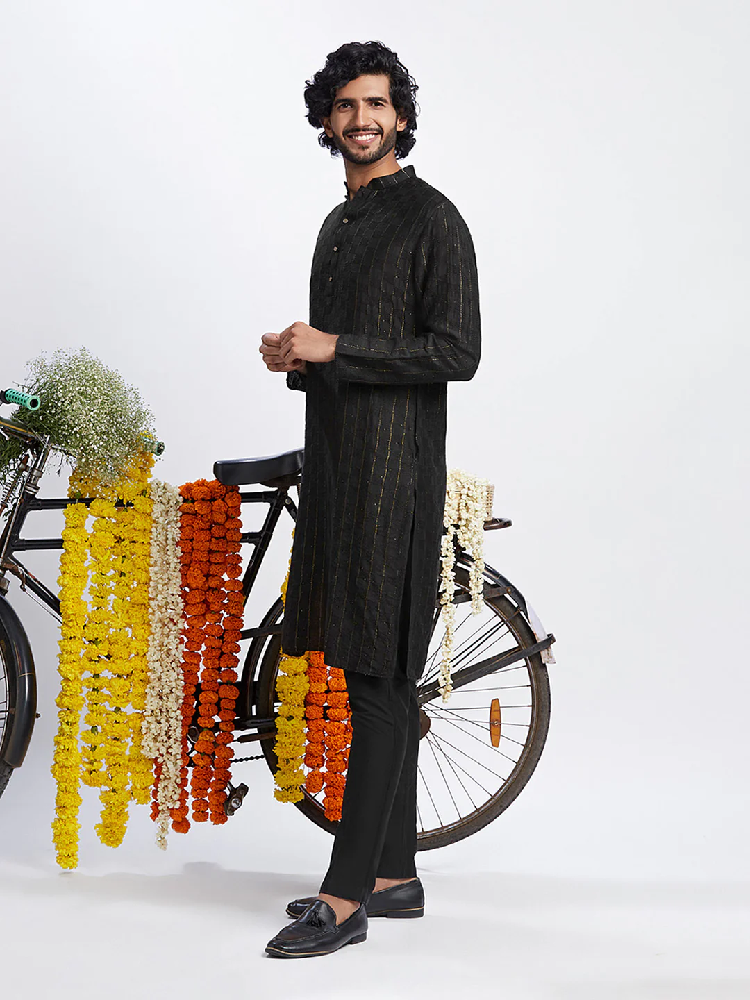 Black Cotton Silk Metallic Striped Long Kurta - Image 3
