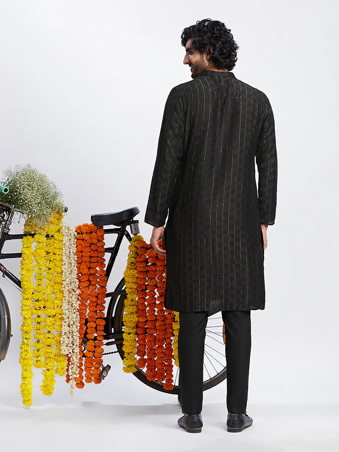 Black Cotton Silk Metallic Striped Long Kurta - Image 4