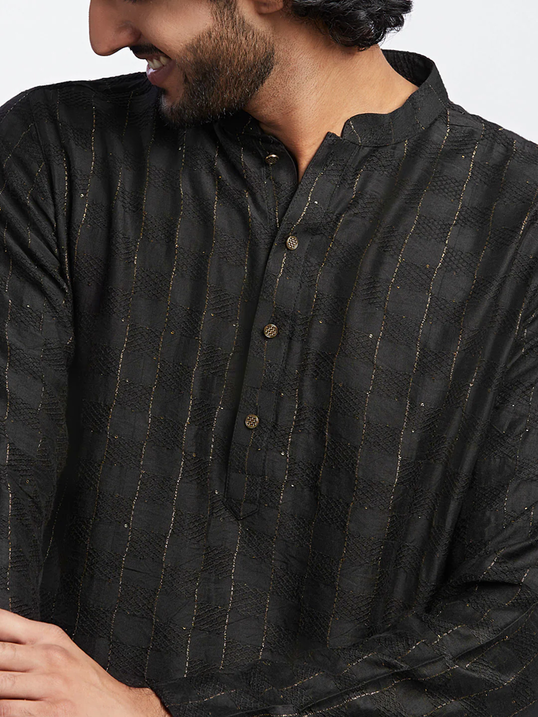 Black Cotton Silk Metallic Striped Long Kurta - Image 5