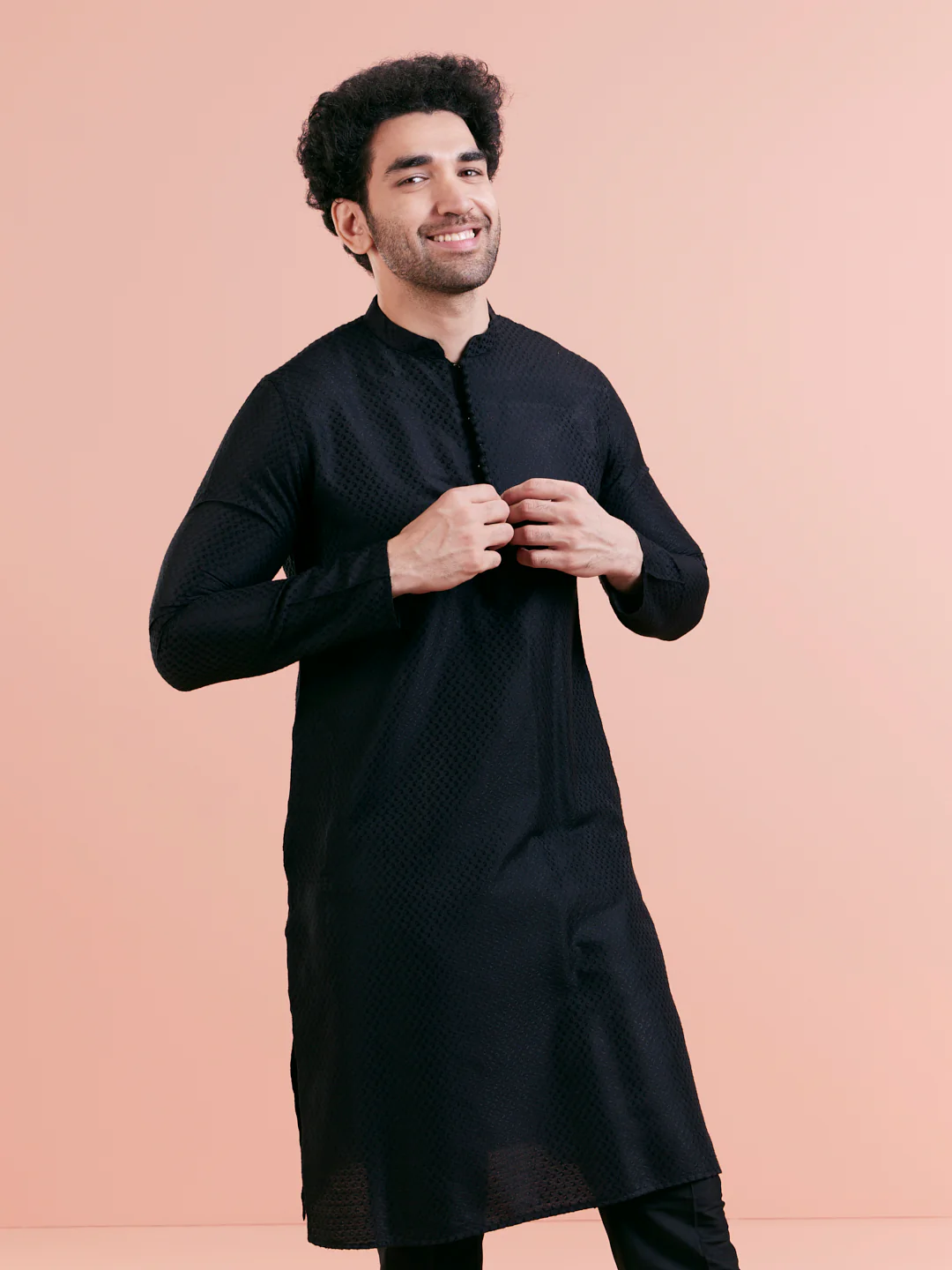 Black Cotton Self Textured Long Kurta - Image 6