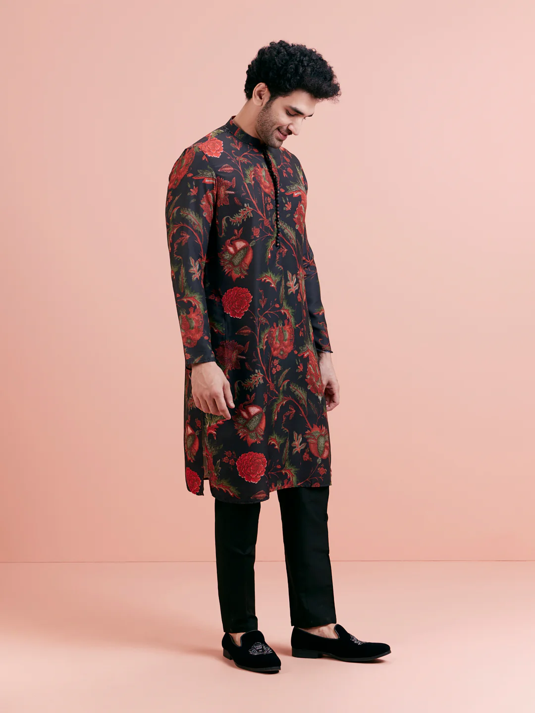 Black Silk Blend Kurta with Red and Green Floral Prints - Image 3