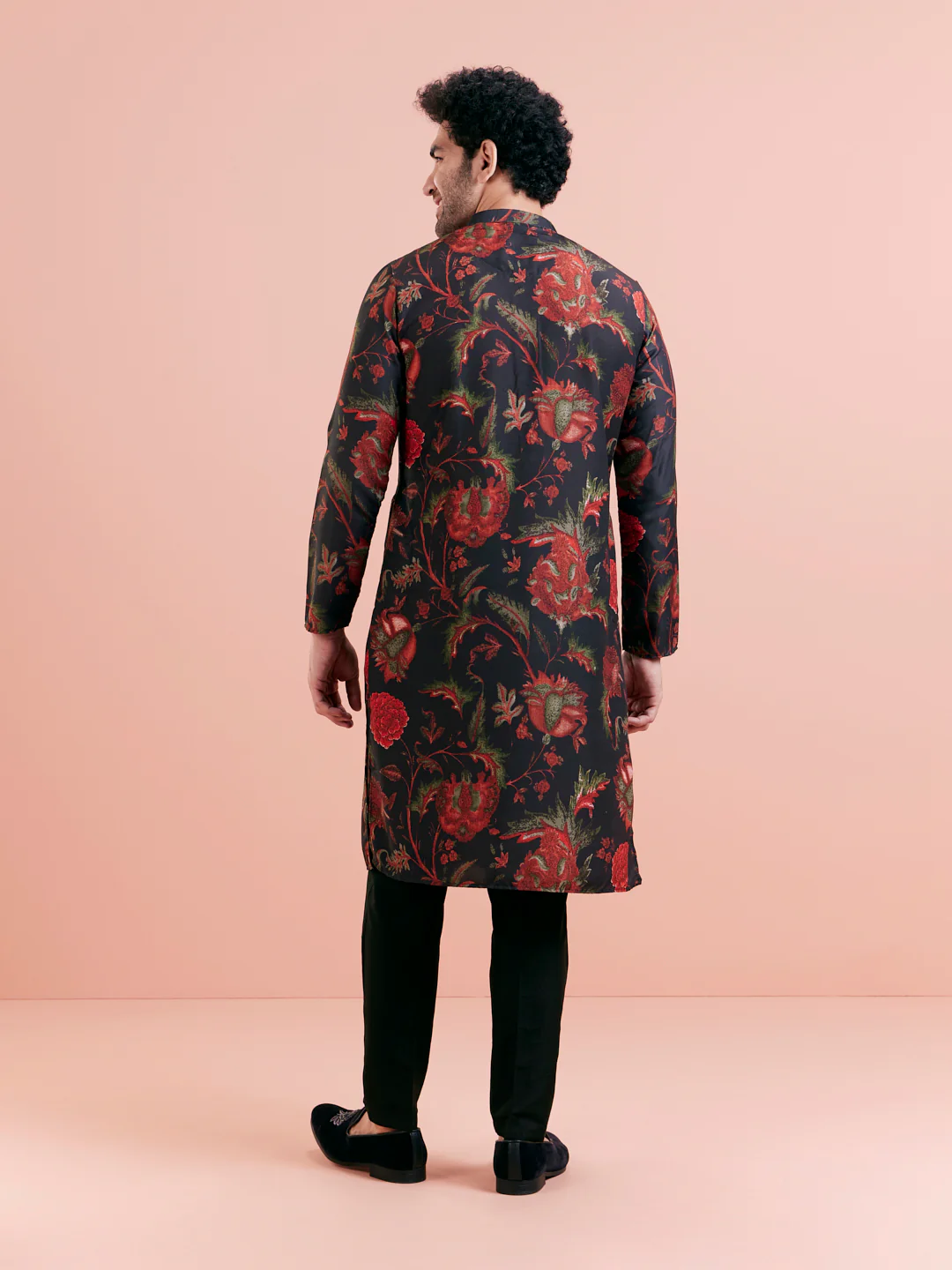 Black Silk Blend Kurta with Red and Green Floral Prints - Image 5