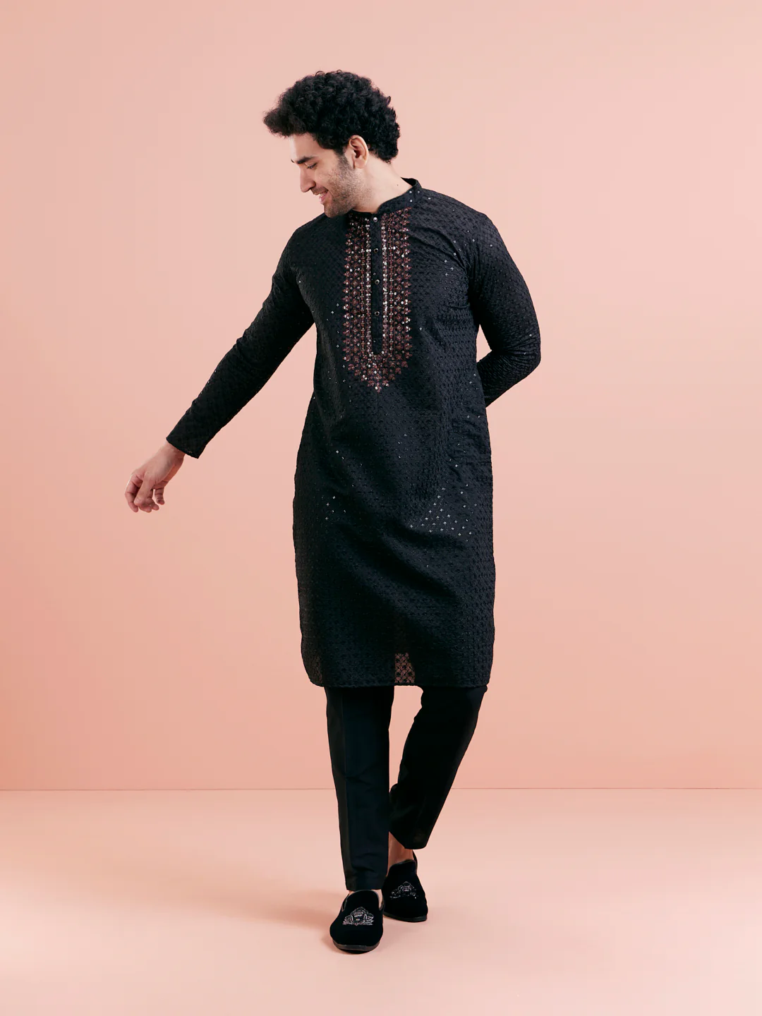 Black Silk Blend Mirror Work Kurta - Image 7