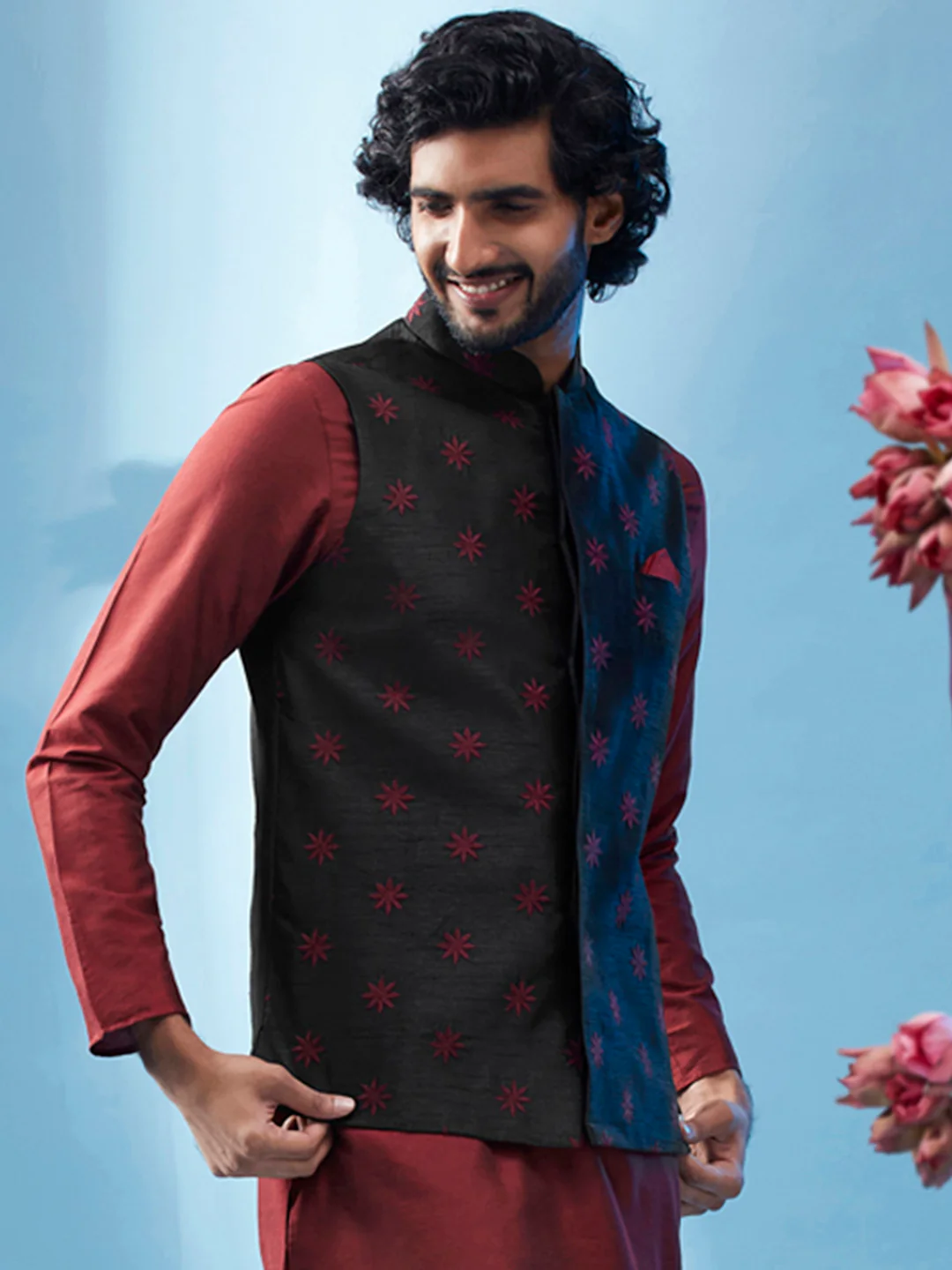 Black Nehru Jacket with Maroon Star Embroidery - Image 2