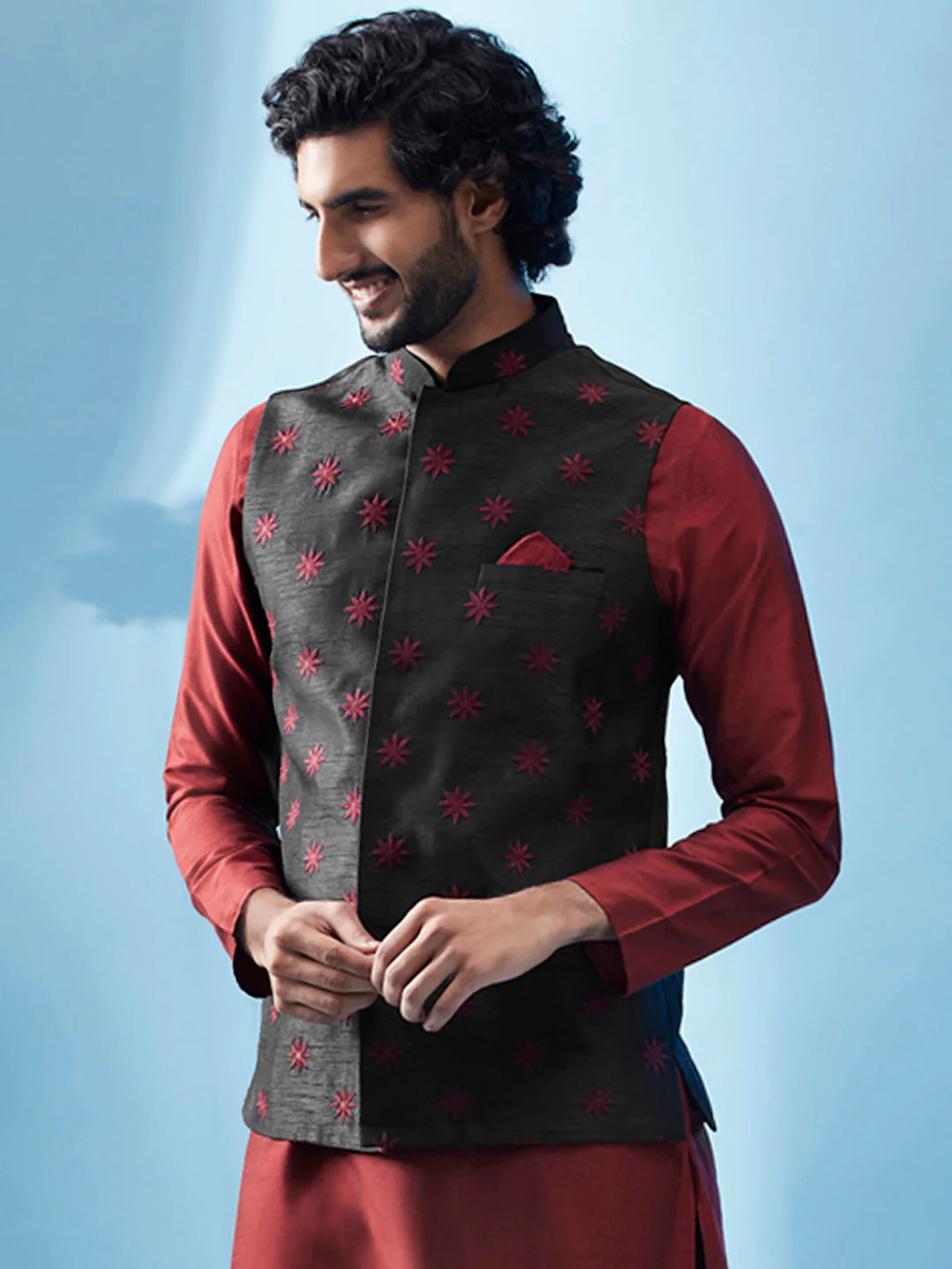 Black Nehru Jacket with Maroon Star Embroidery - Image 3