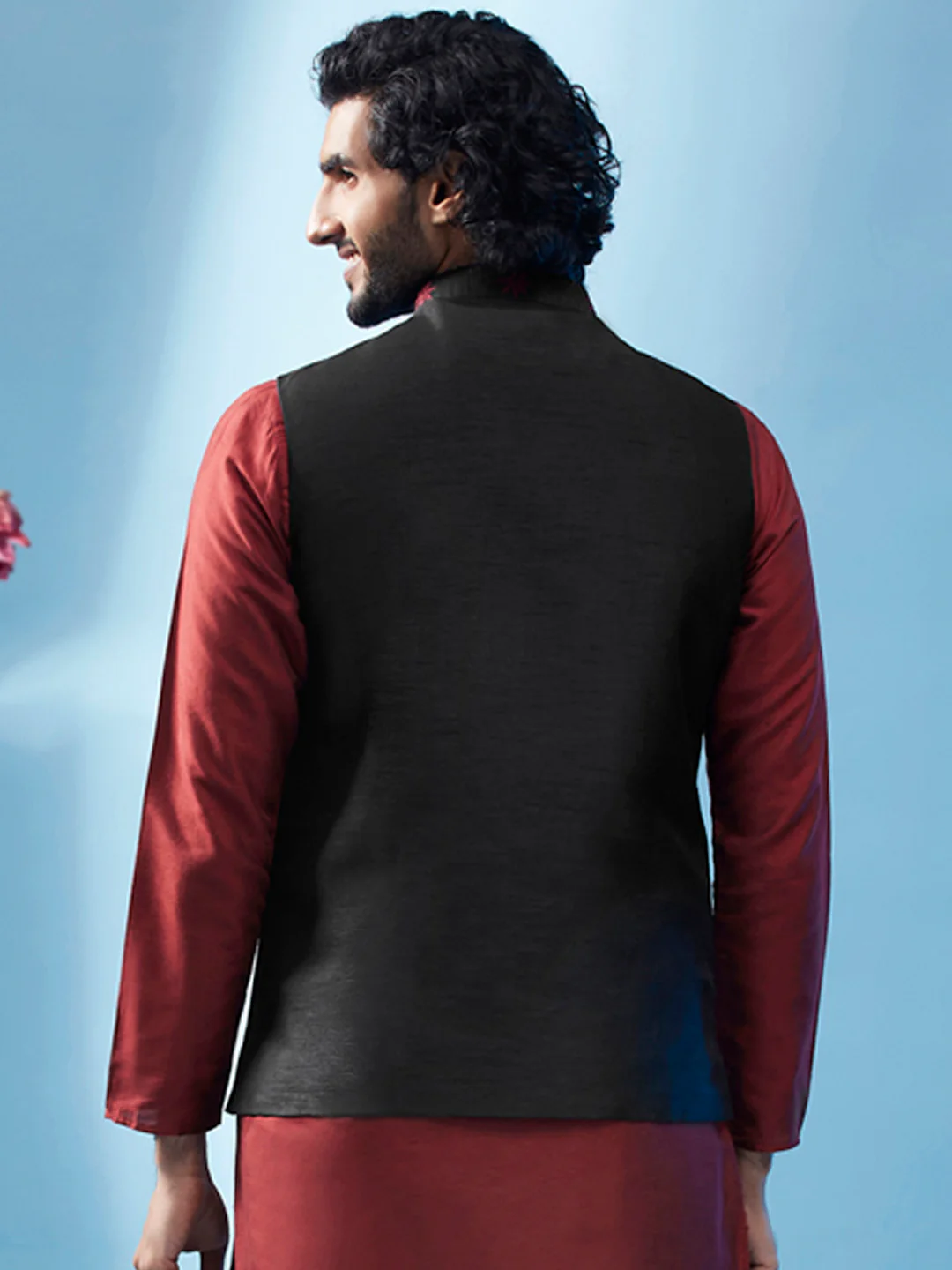 Black Nehru Jacket with Maroon Star Embroidery - Image 4