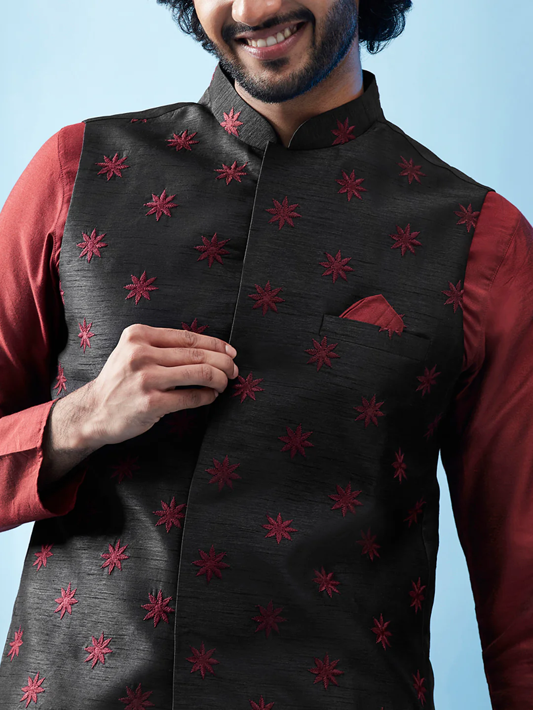 Black Nehru Jacket with Maroon Star Embroidery - Image 5