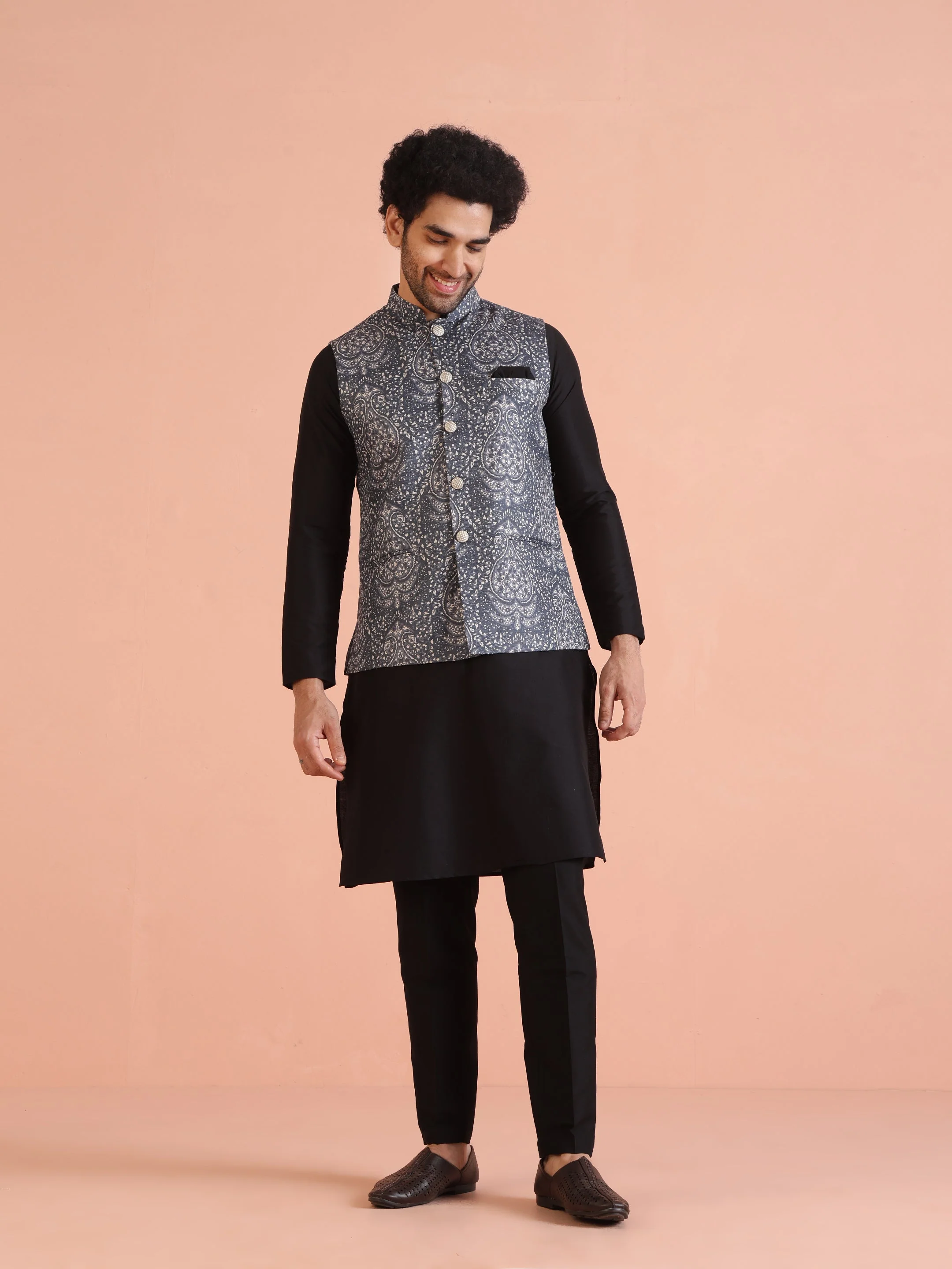 Blue Silk Blend Paisley Nehru Jacket - Image 9