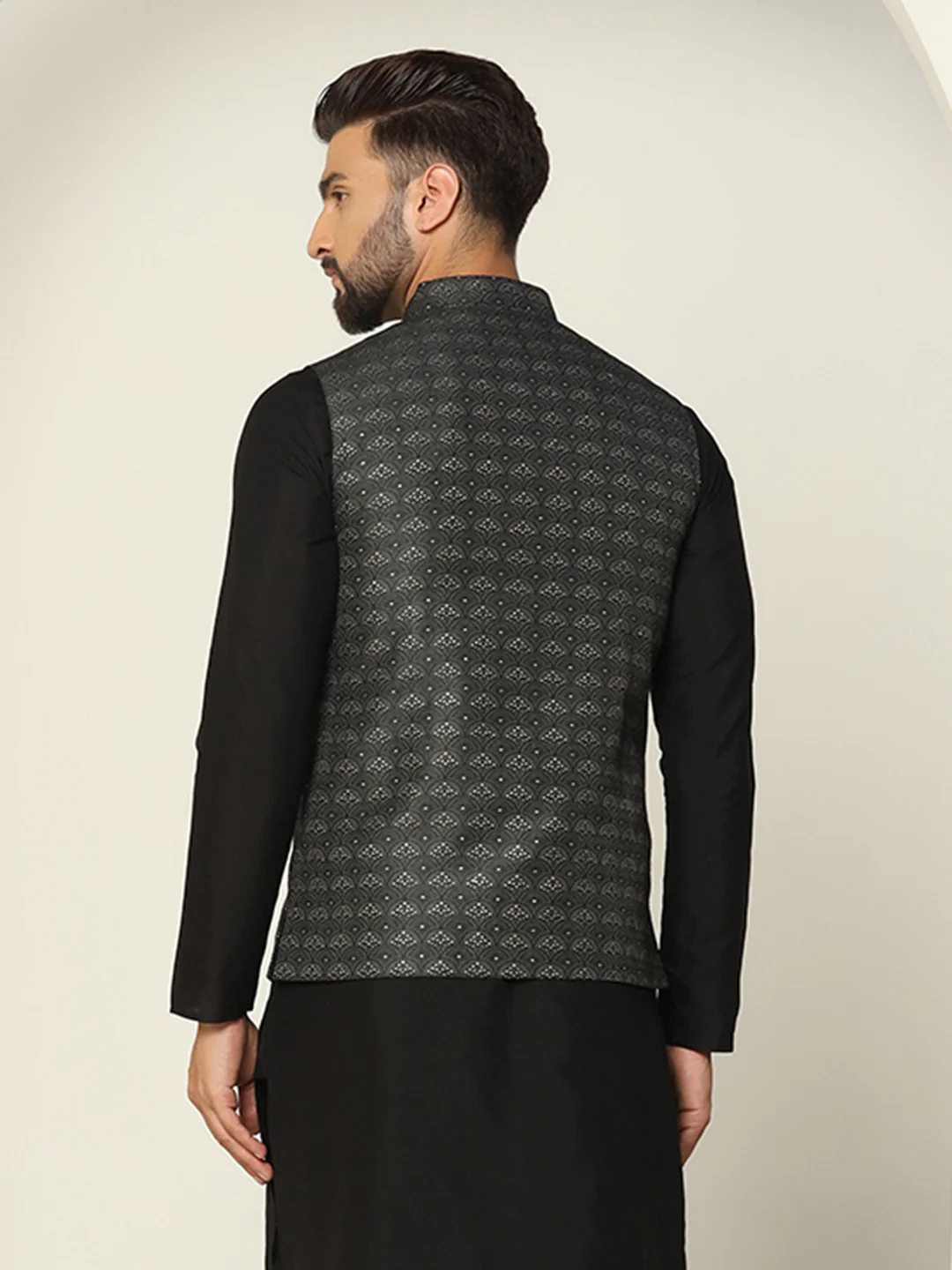 Black Silk Blend Sequin Embroidered Nehru Jacket - Image 4