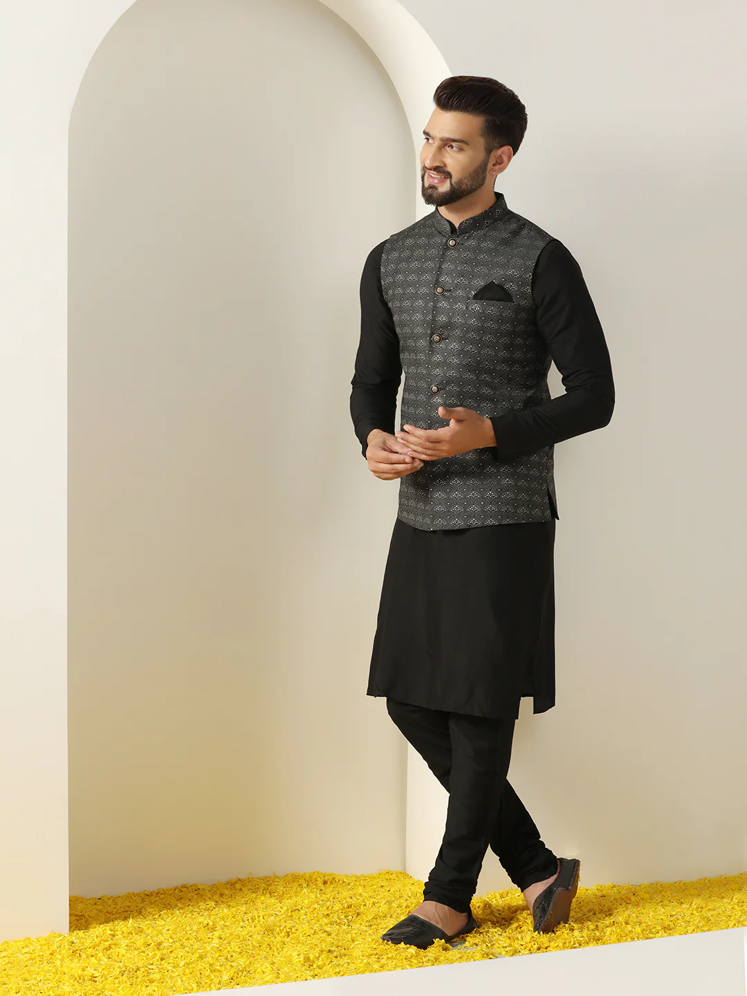 Black Silk Blend Sequin Embroidered Nehru Jacket - Image 6