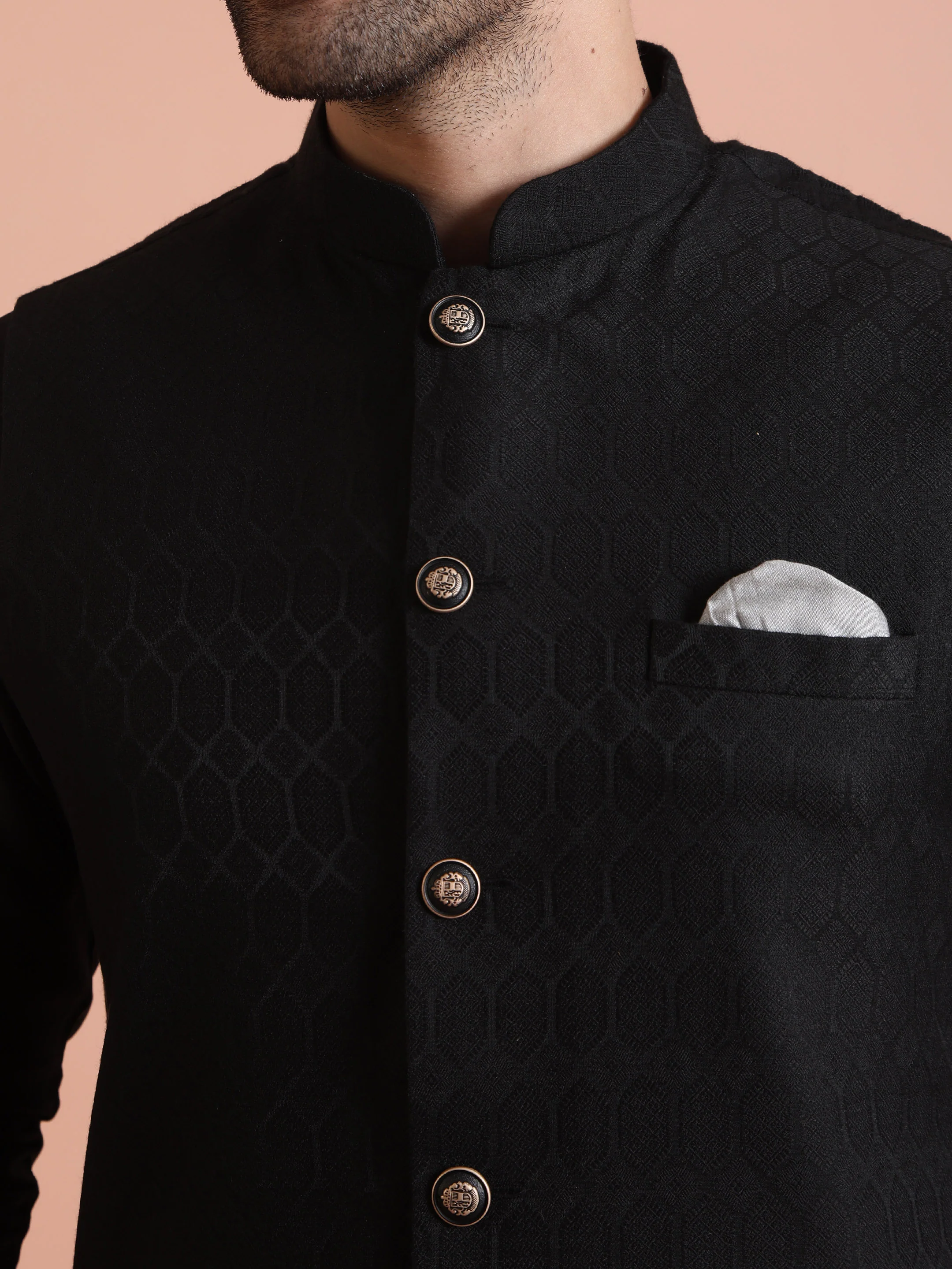 Black Silk Blend Textured Nehru Jacket - Image 2