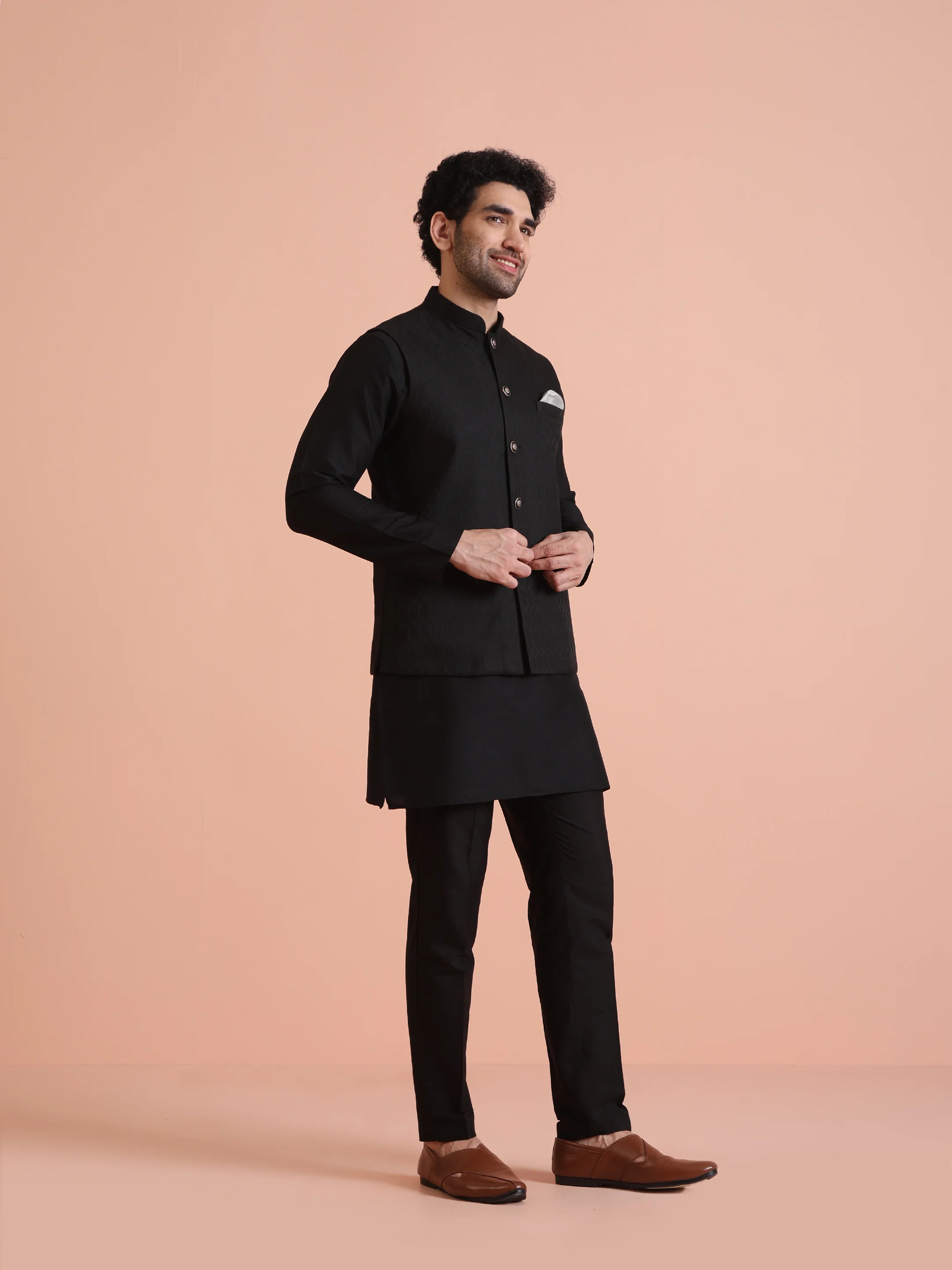 Black Silk Blend Textured Nehru Jacket - Image 4