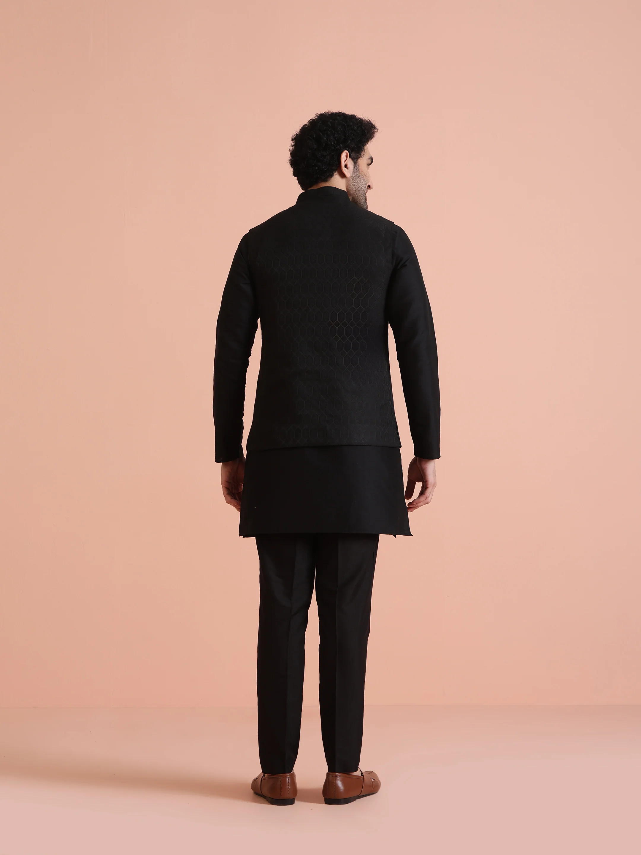 Black Silk Blend Textured Nehru Jacket - Image 5