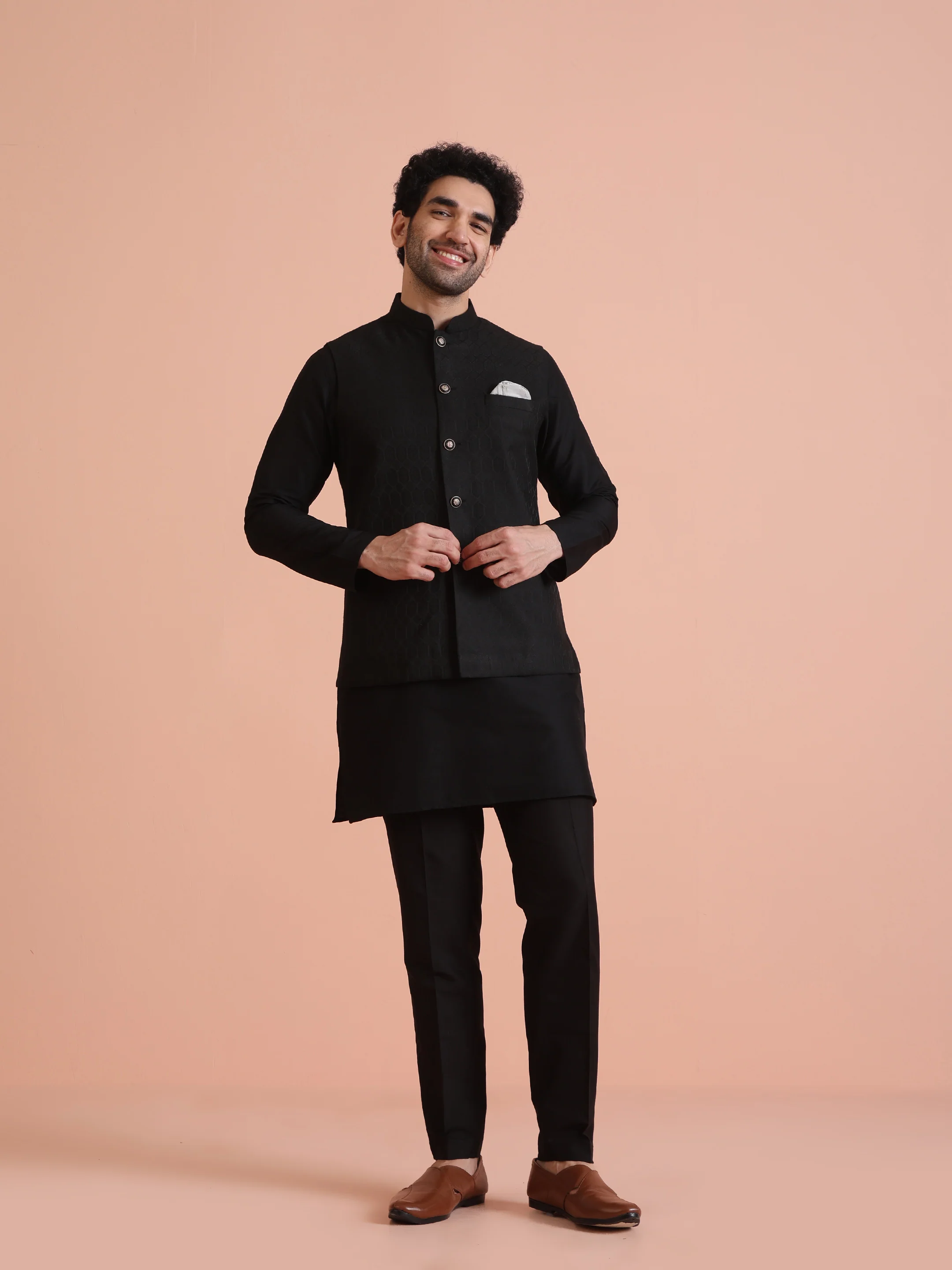 Black Silk Blend Textured Nehru Jacket - Image 6