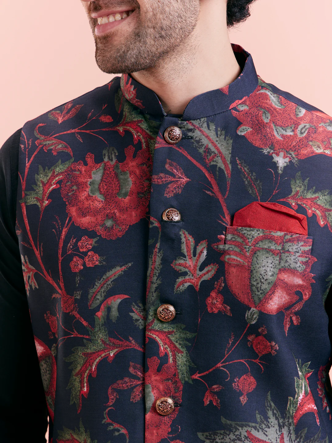 Navy Blue Silk Blend Floral Nehru Jacket - Image 2