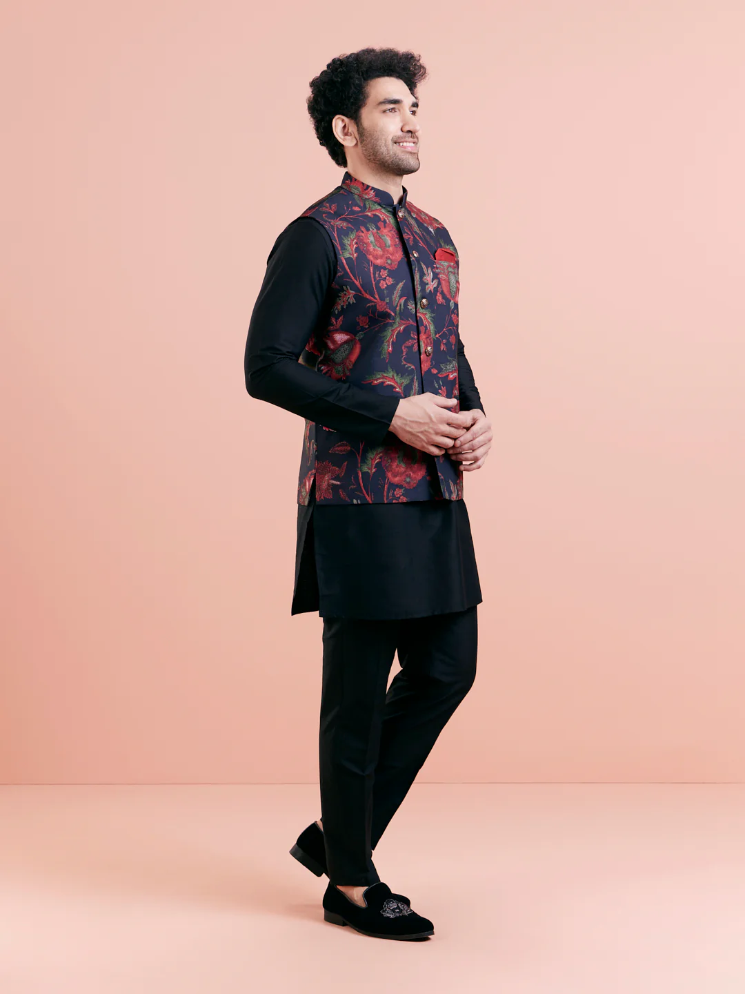 Navy Blue Silk Blend Floral Nehru Jacket - Image 3