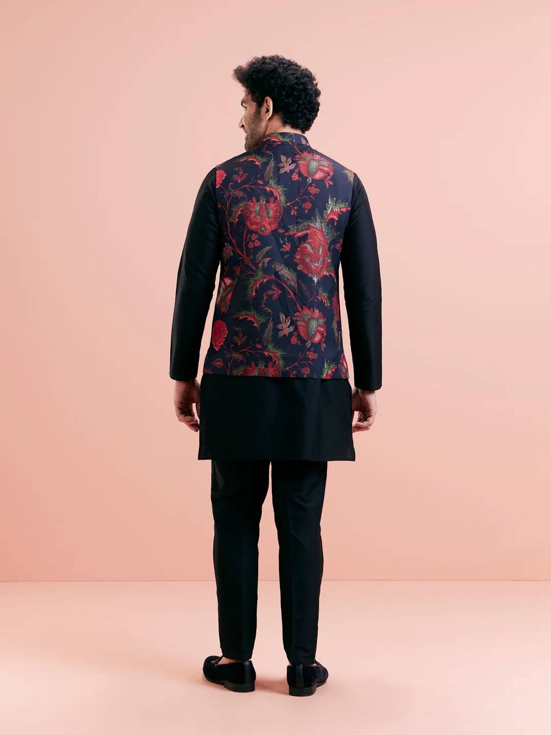 Navy Blue Silk Blend Floral Nehru Jacket - Image 5