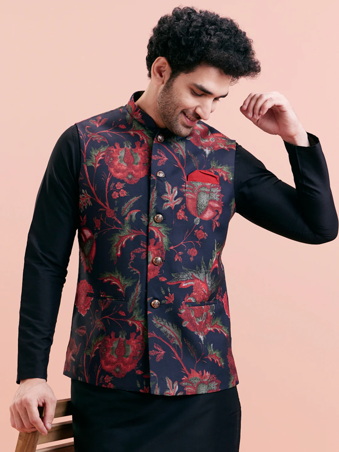 Navy Blue Silk Blend Floral Nehru Jacket - Image 6