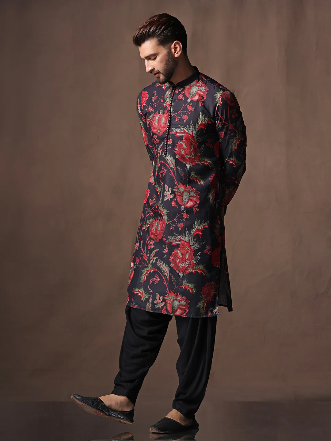Black Silk Blend Printed Kurta Black Patiala - Image 3
