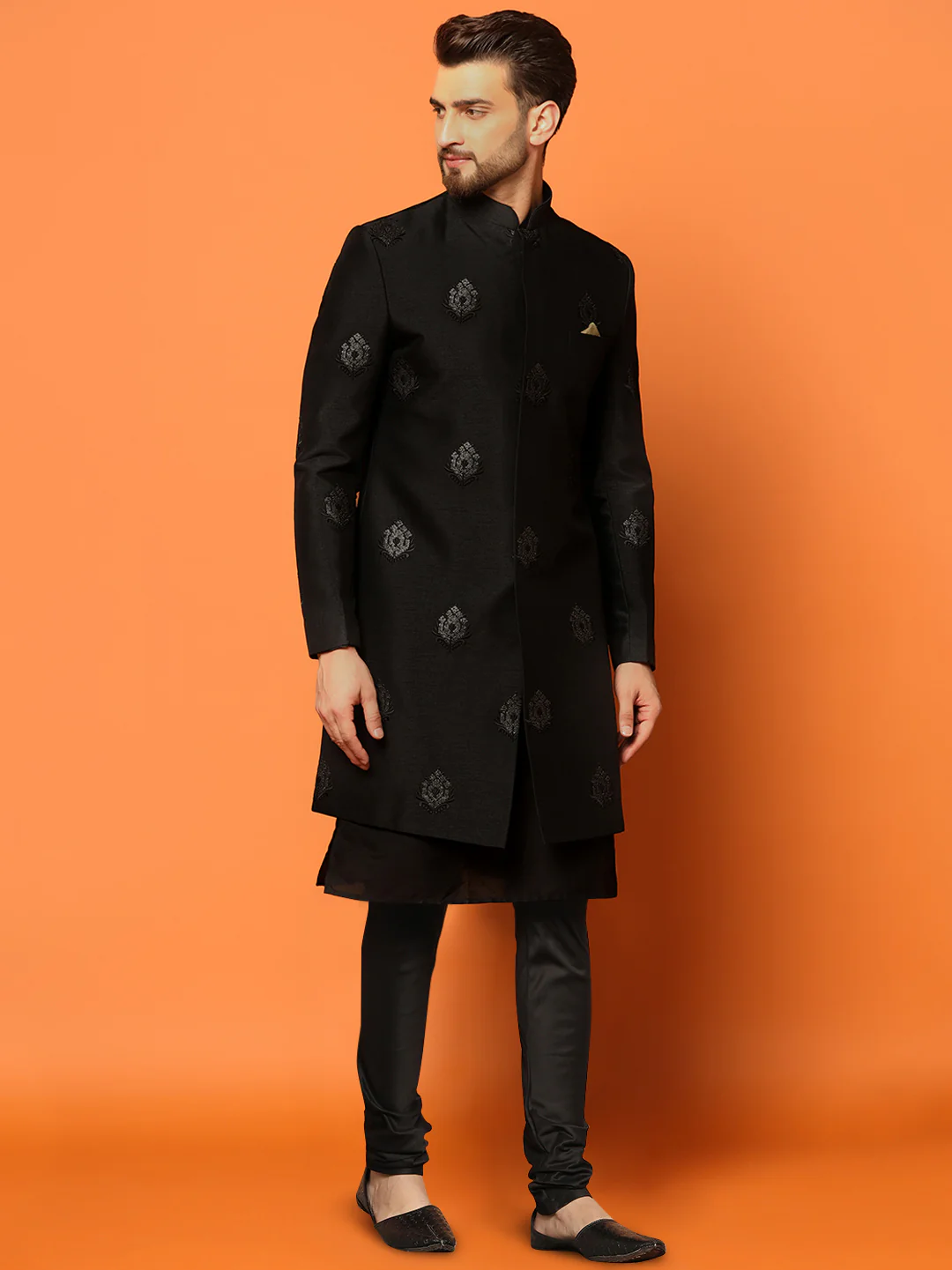 Black Textured Sherwani Kurta Churidar Set - Image 2