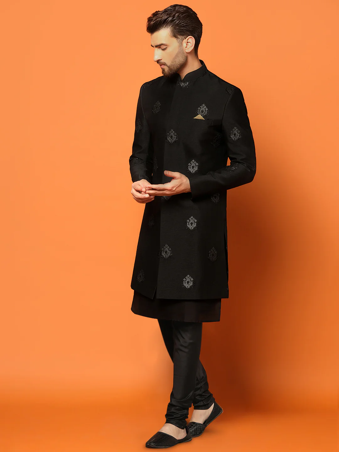 Black Textured Sherwani Kurta Churidar Set - Image 3
